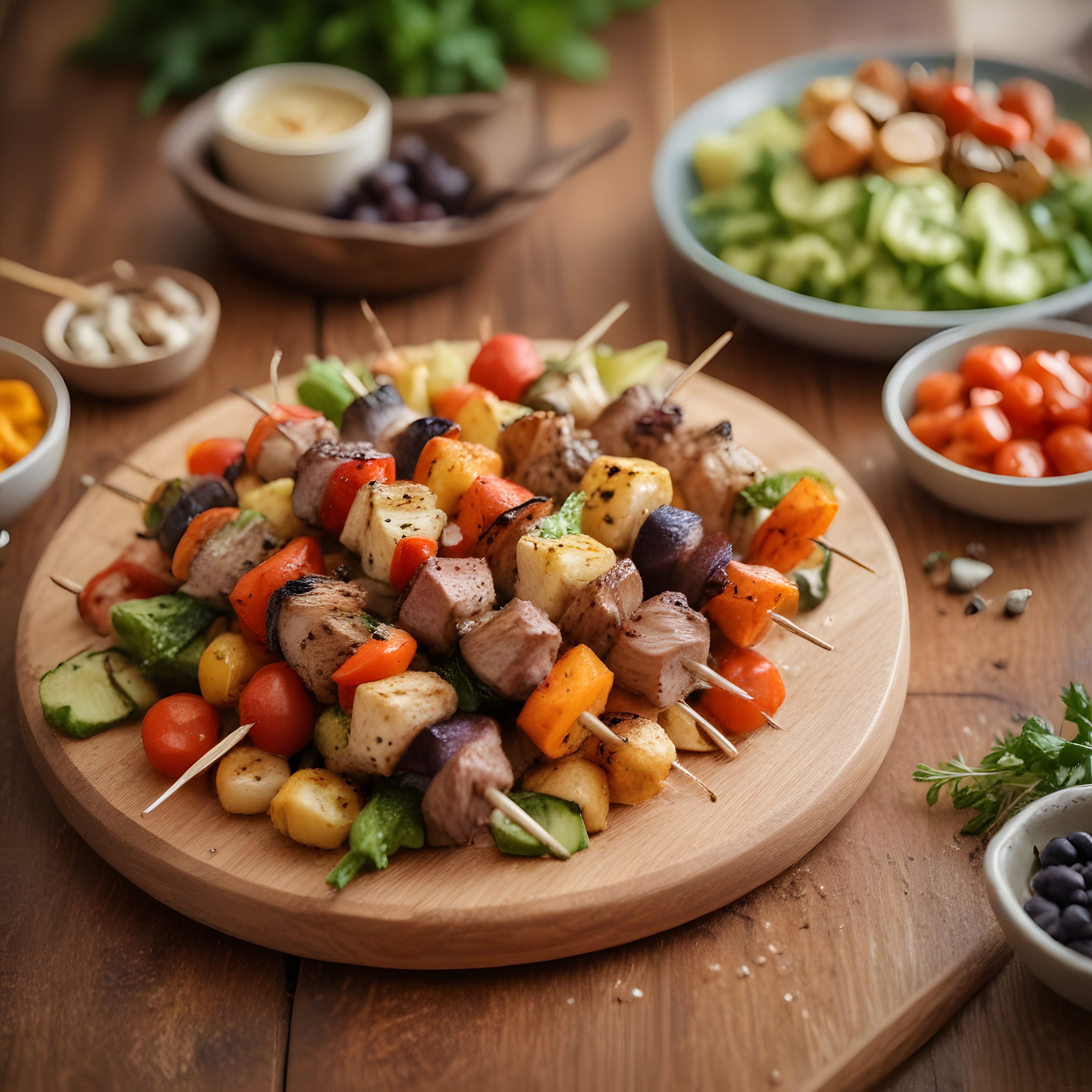 Izgara Tadında Renkli Sebzeli Etli Şiş Kebap ve Yan Lezzetler Sunumu