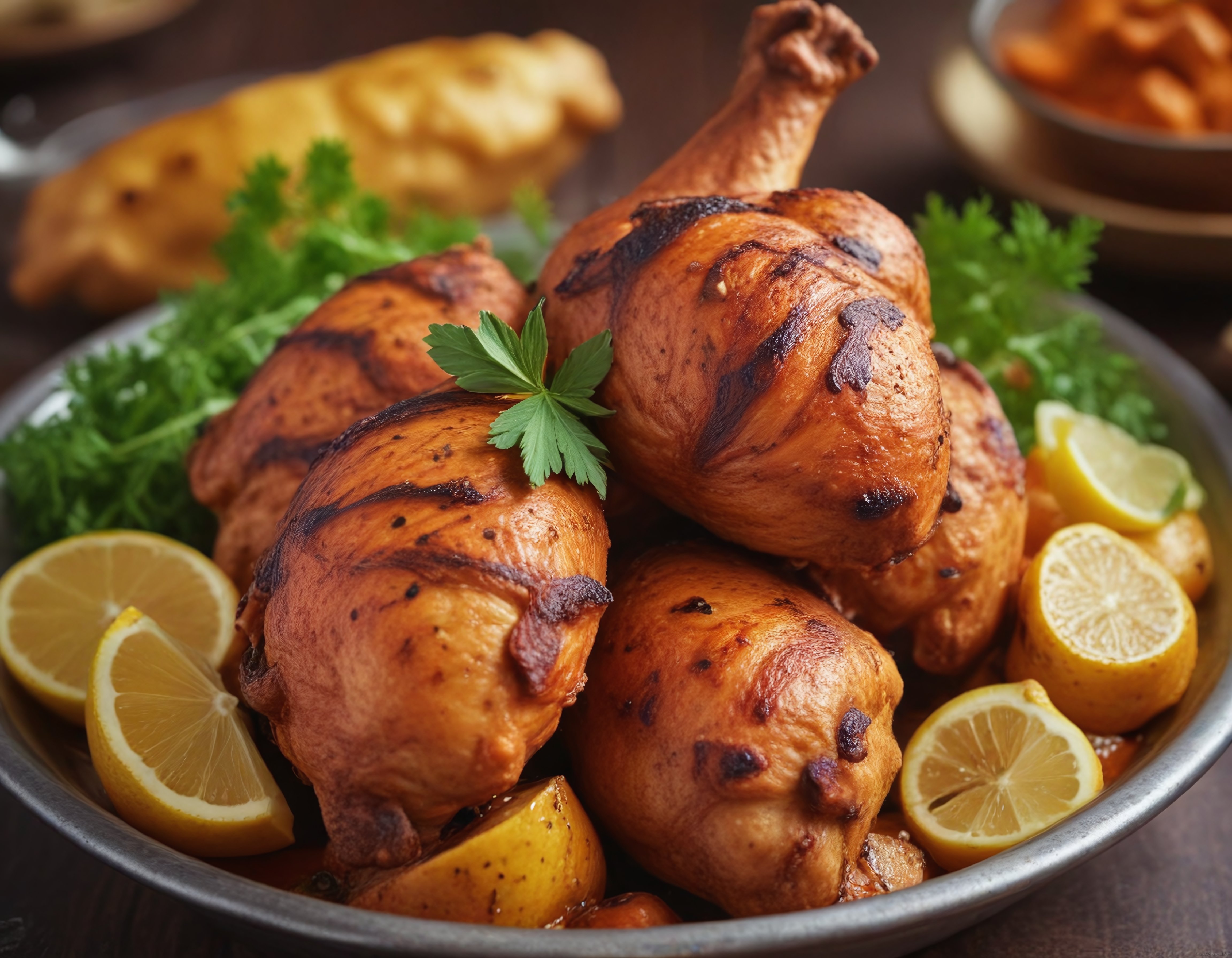 ızgara tavuk but ve baget taze limon dilimleriyle servis edilmiş nefis sunum