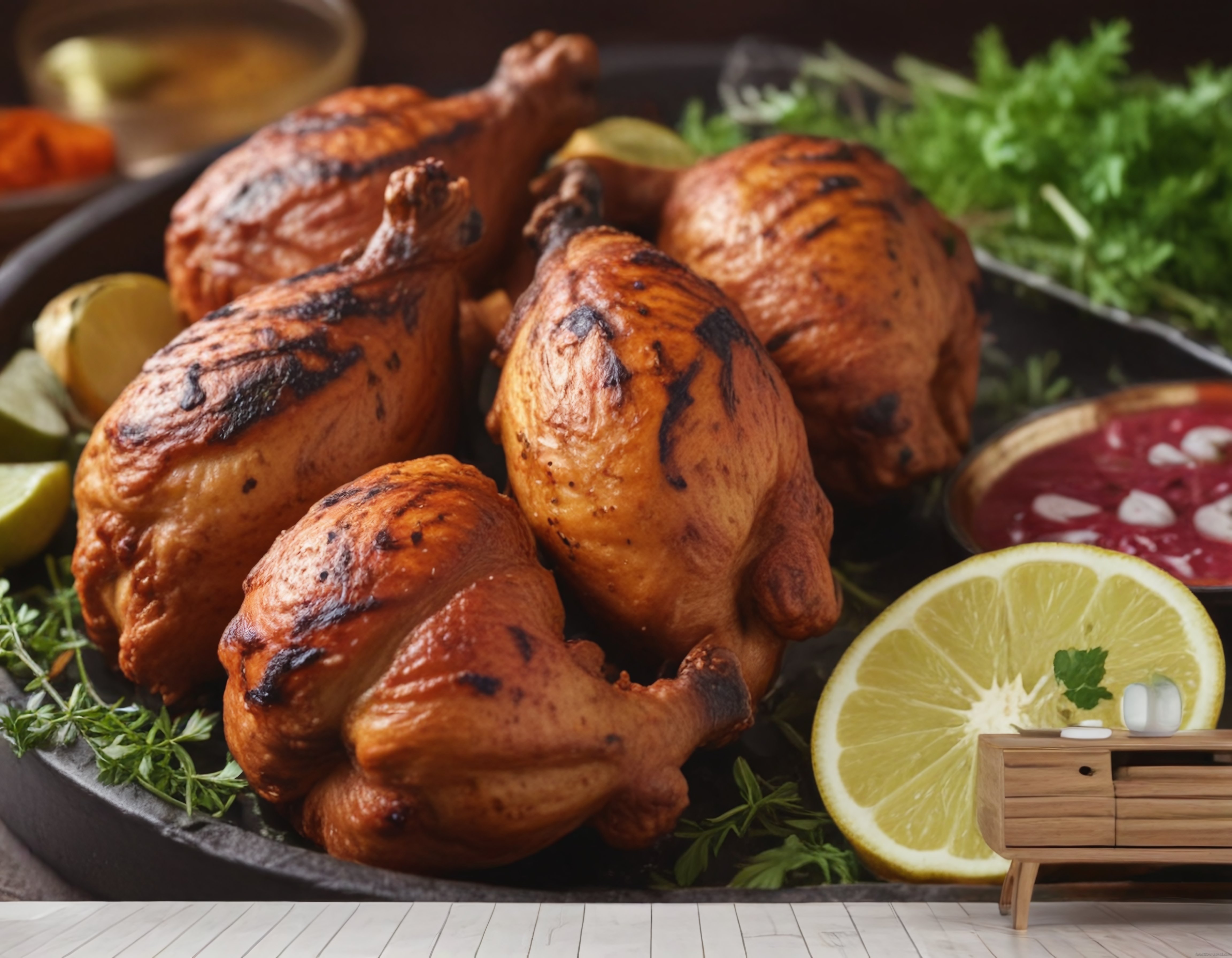 ızgara tavuk butları ve limon dilimleriyle servis edilmiş akşam yemeği tabağı