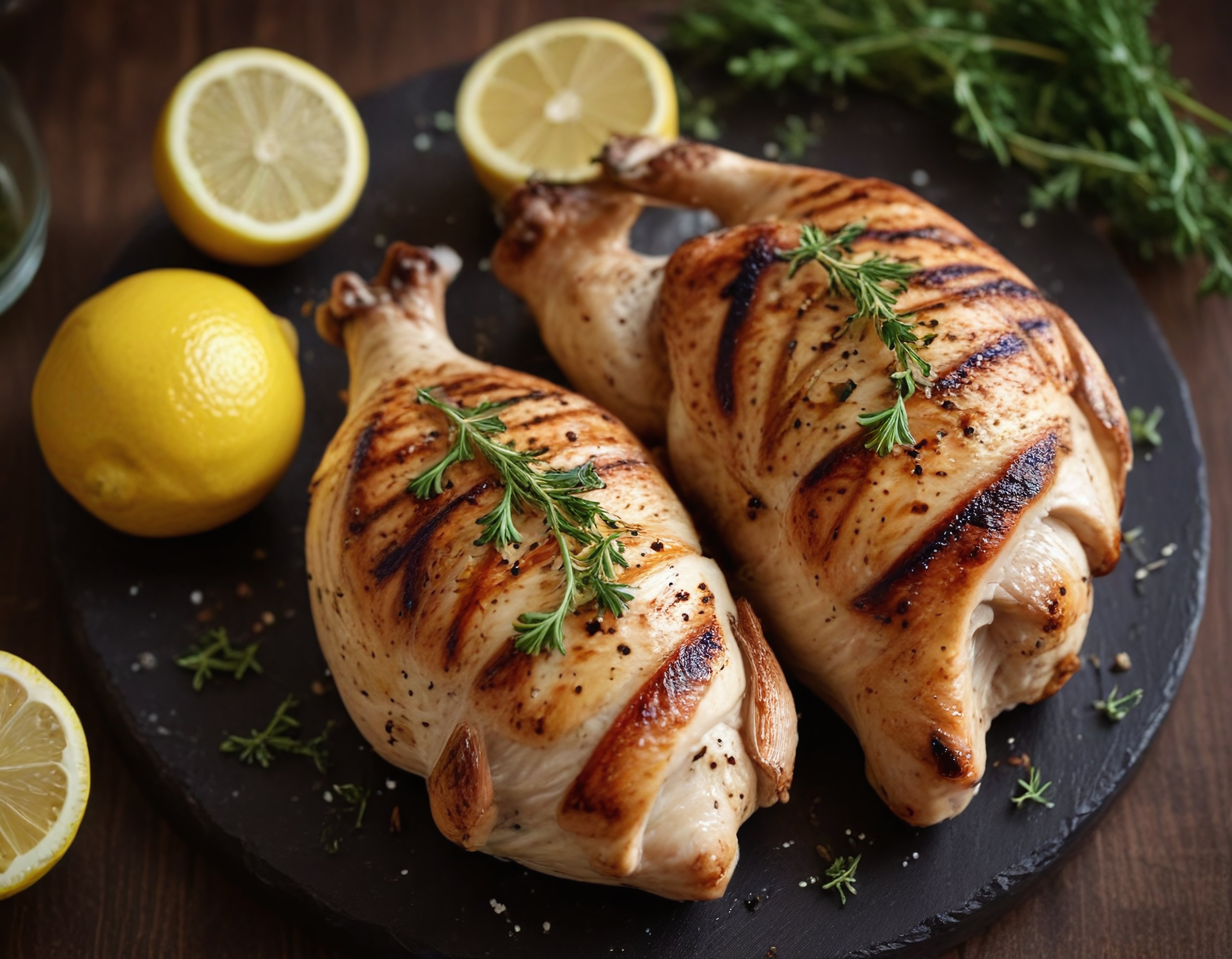 Izgara tavuk butu, limon ve baharatlarla servis edilmiş nefis ana yemek
