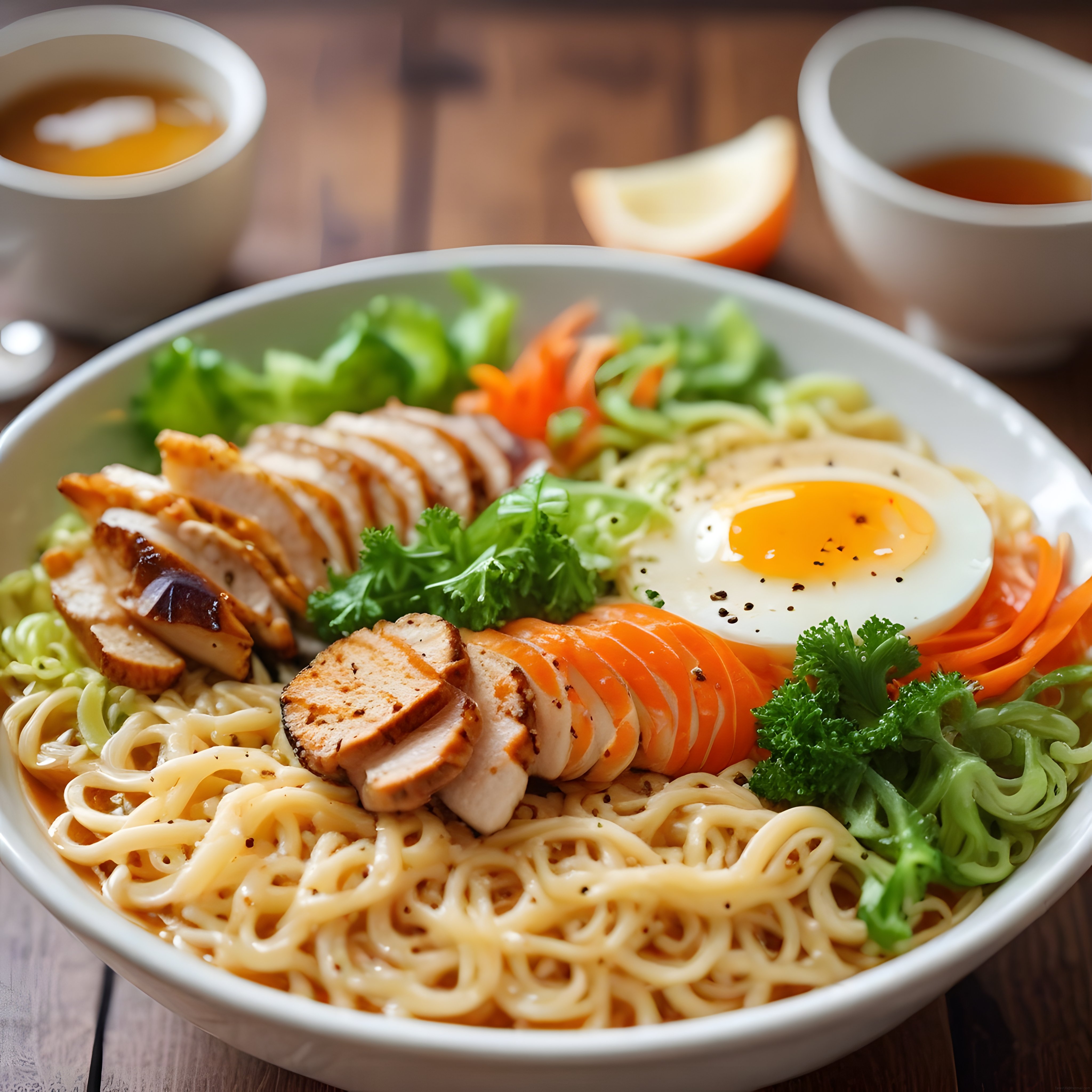 Izgara Tavuk Dilimli ve Yarım Haşlanmış Yumurtalı Ramen Noodle Kasesi