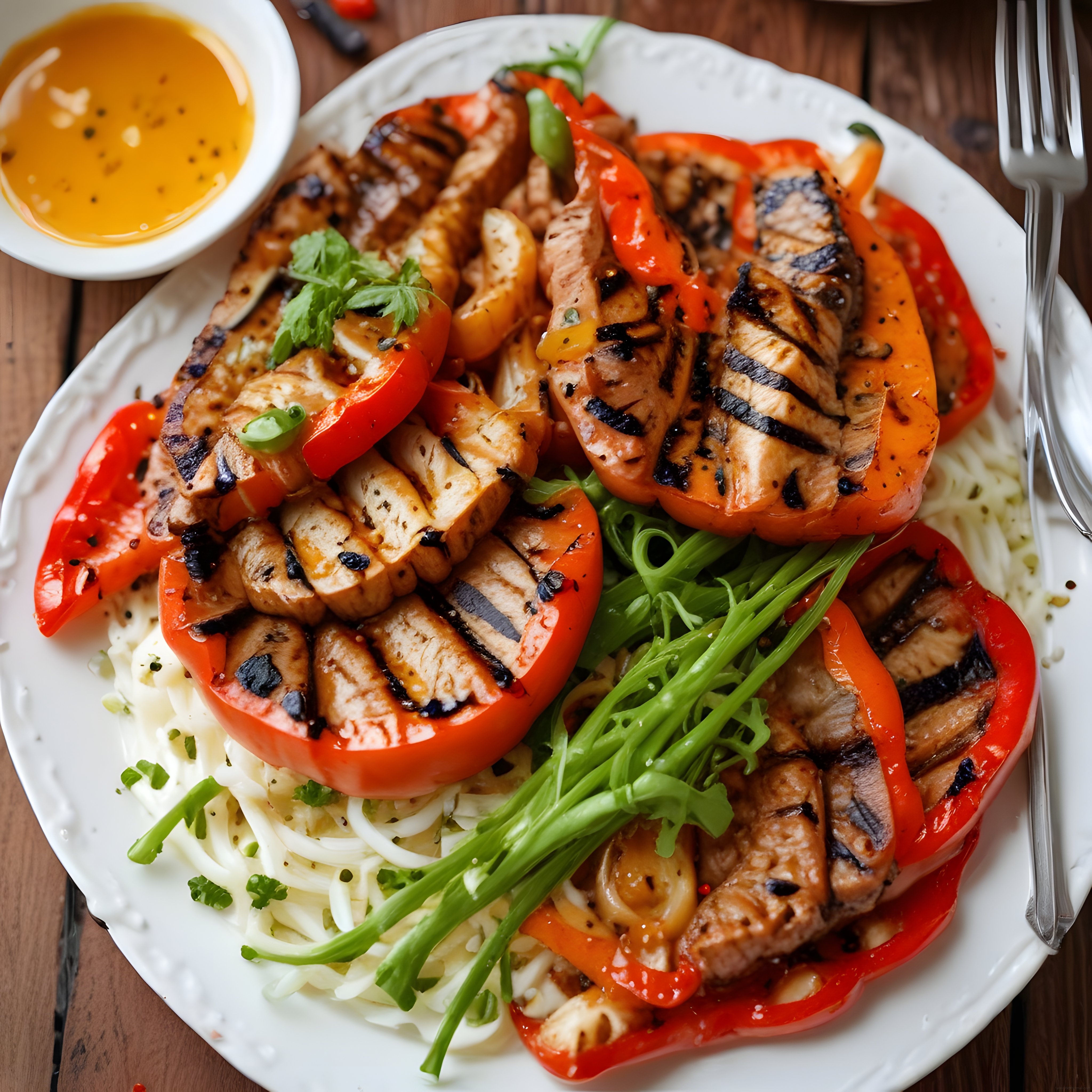 Izgara Tavuk Etli Kırmızı Biber Dolması ve Krema Soslu Spagetti Tabağı