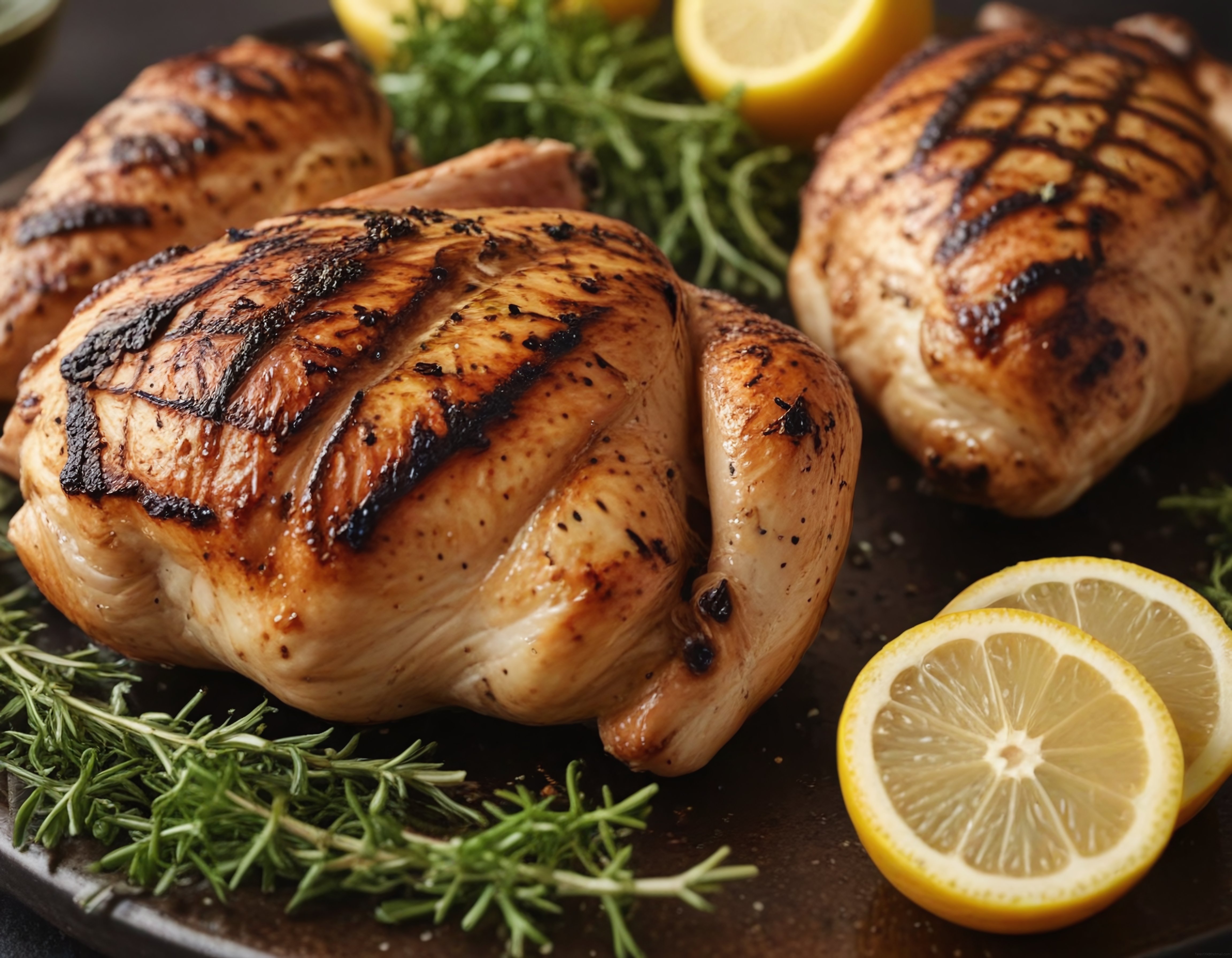 Izgara tavuk göğsü, limon ve biberiye ile servis edilen lezzetli ana yemek