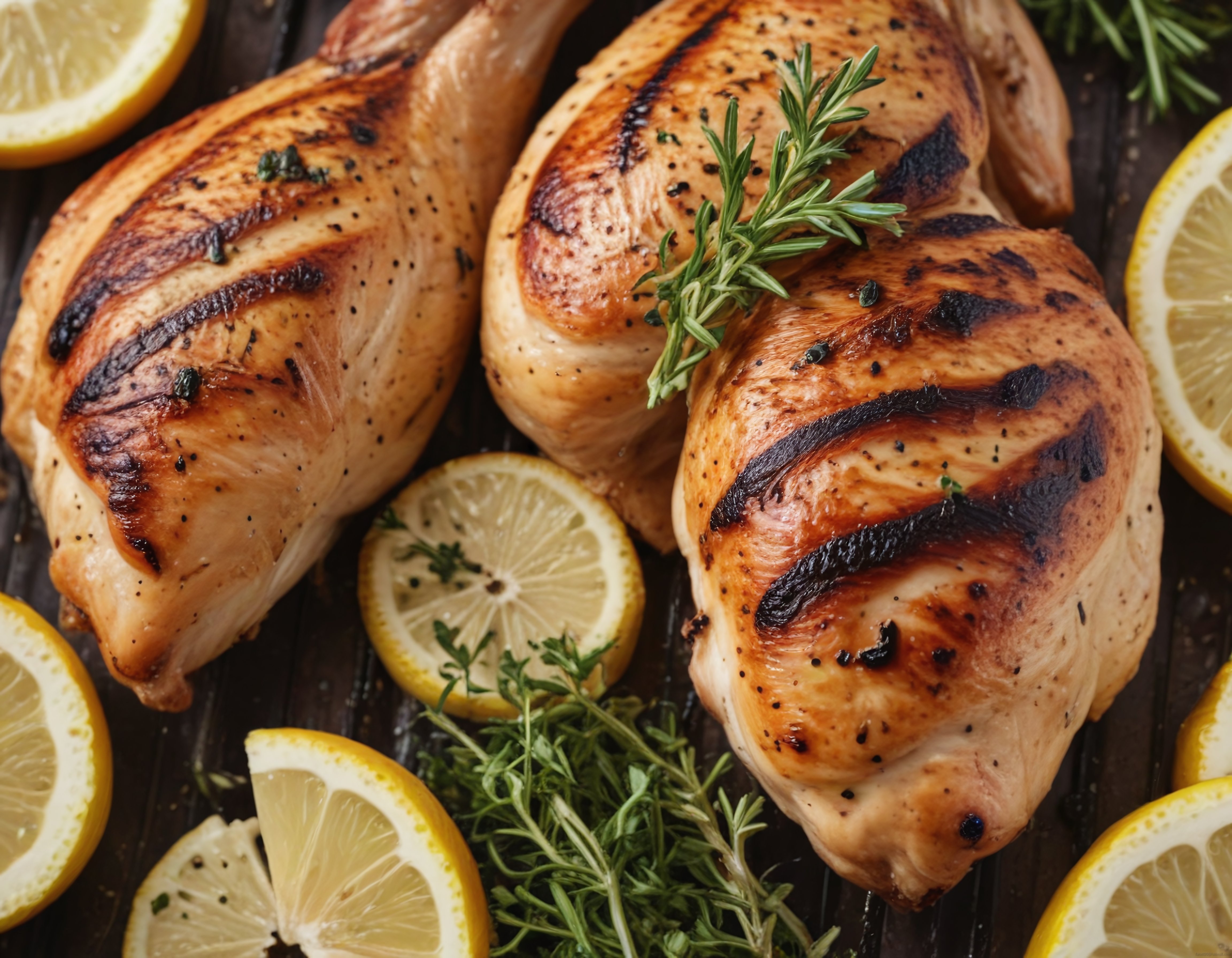 ızgara tavuk göğsü limon ve biberiye ile servis edilmiş lezzetli ana yemek