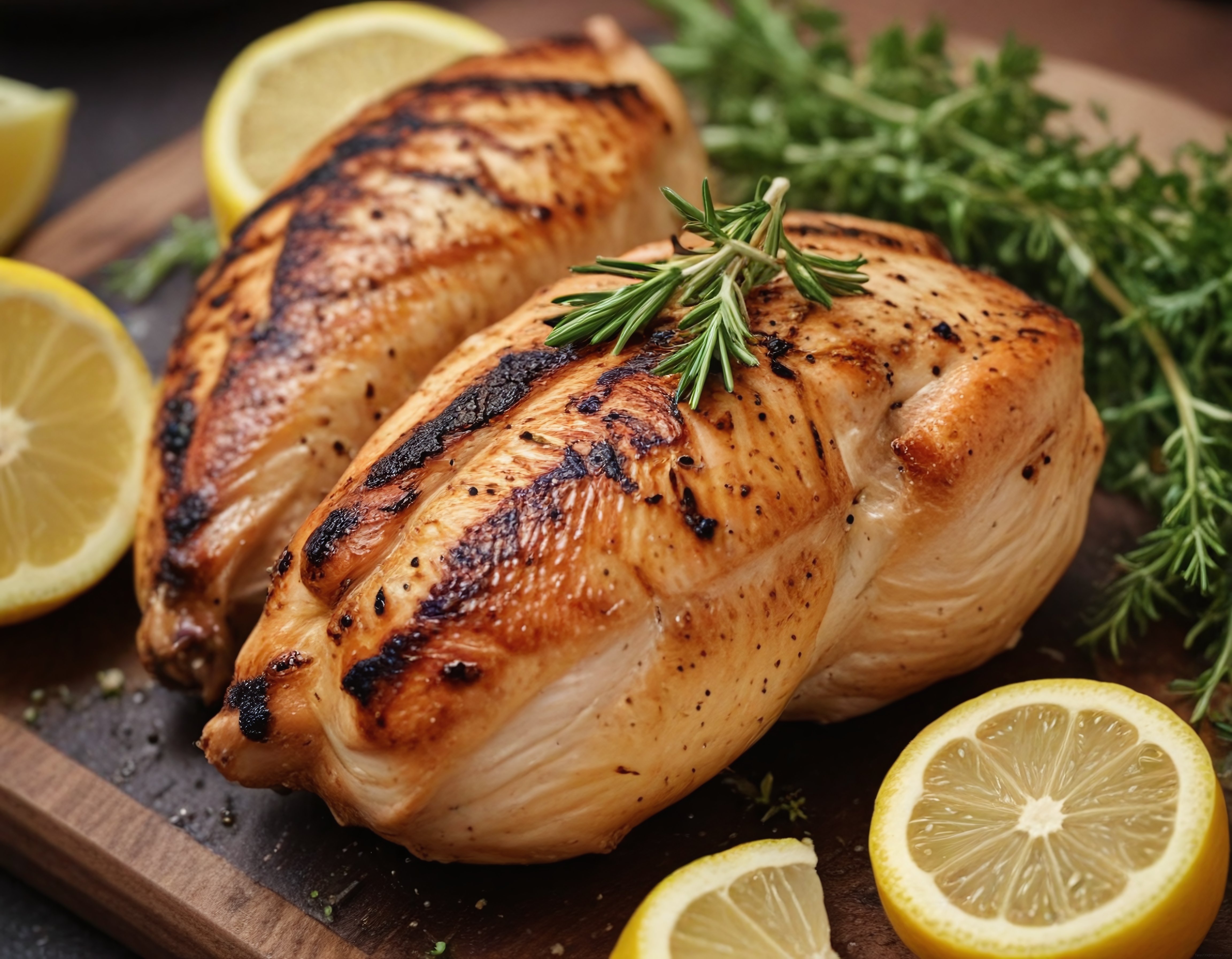 ızgara tavuk göğsü limon ve biberiye ile sunum tahtası üzerinde
