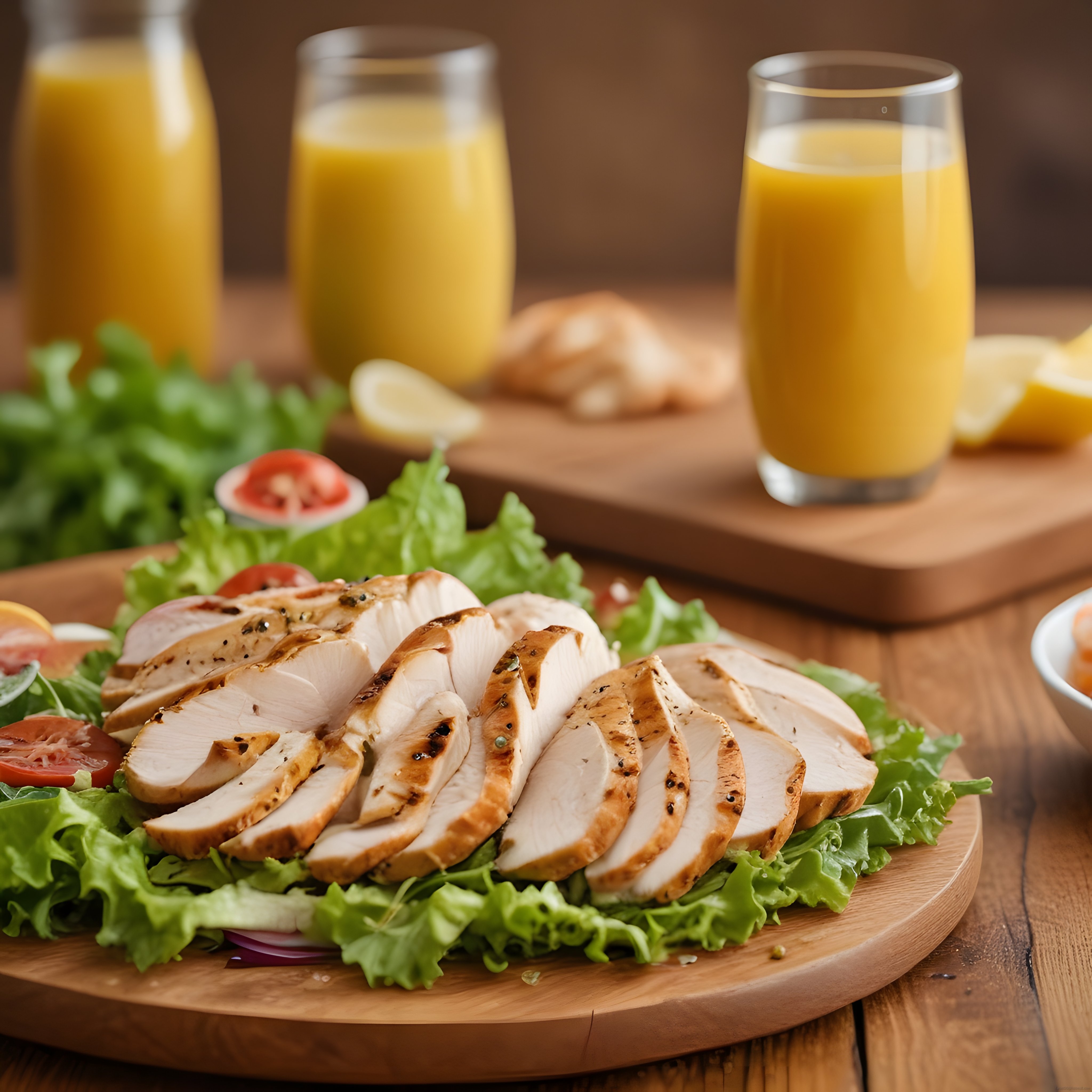Izgara Tavuk Göğsü Salata Sunumu ve Portakal Suyu ile Sağlıklı Tabak