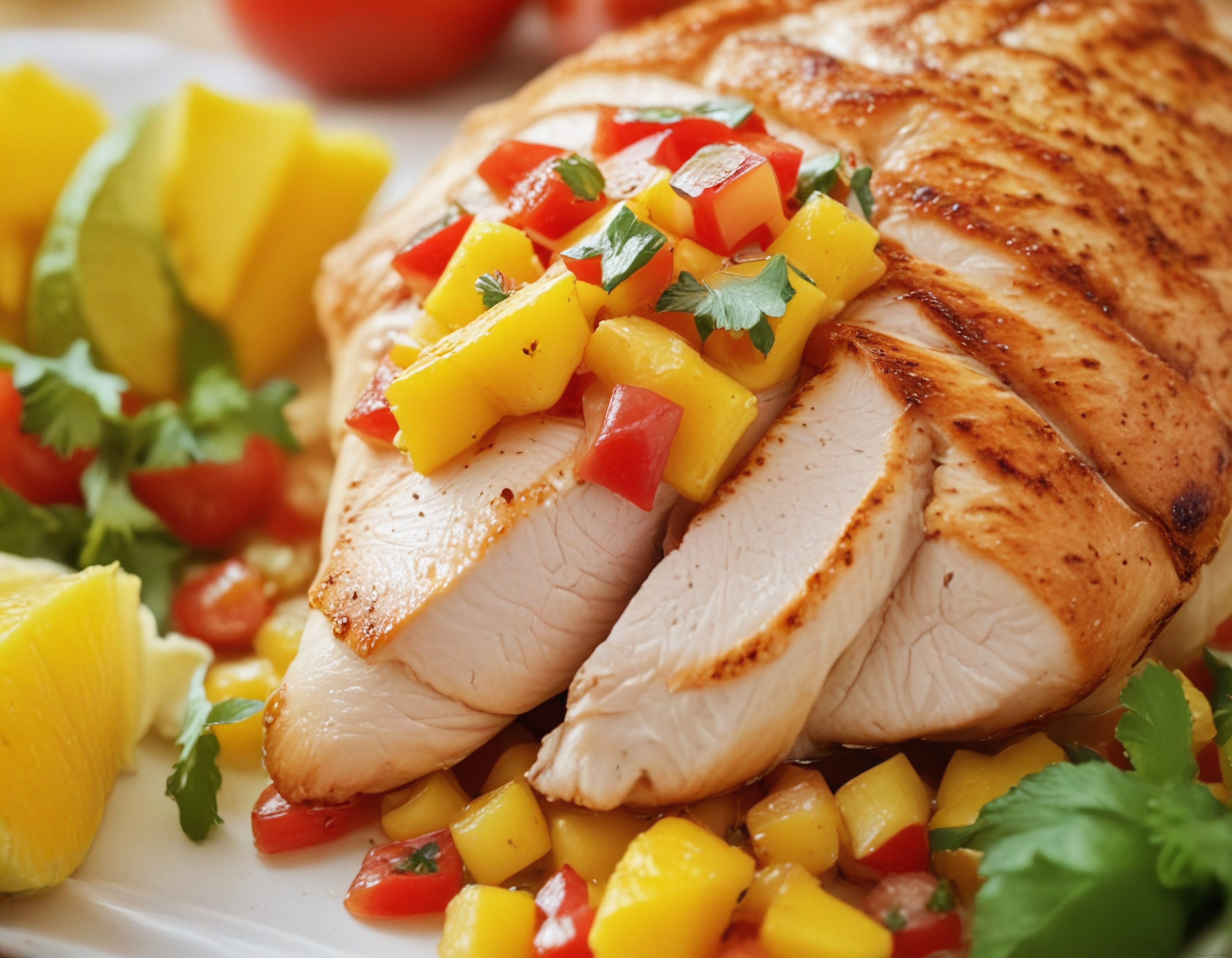 Izgara Tavuk Göğsü Üzerinde Taze Mango Salsa ve Avokado ile Sağlıklı Yemek