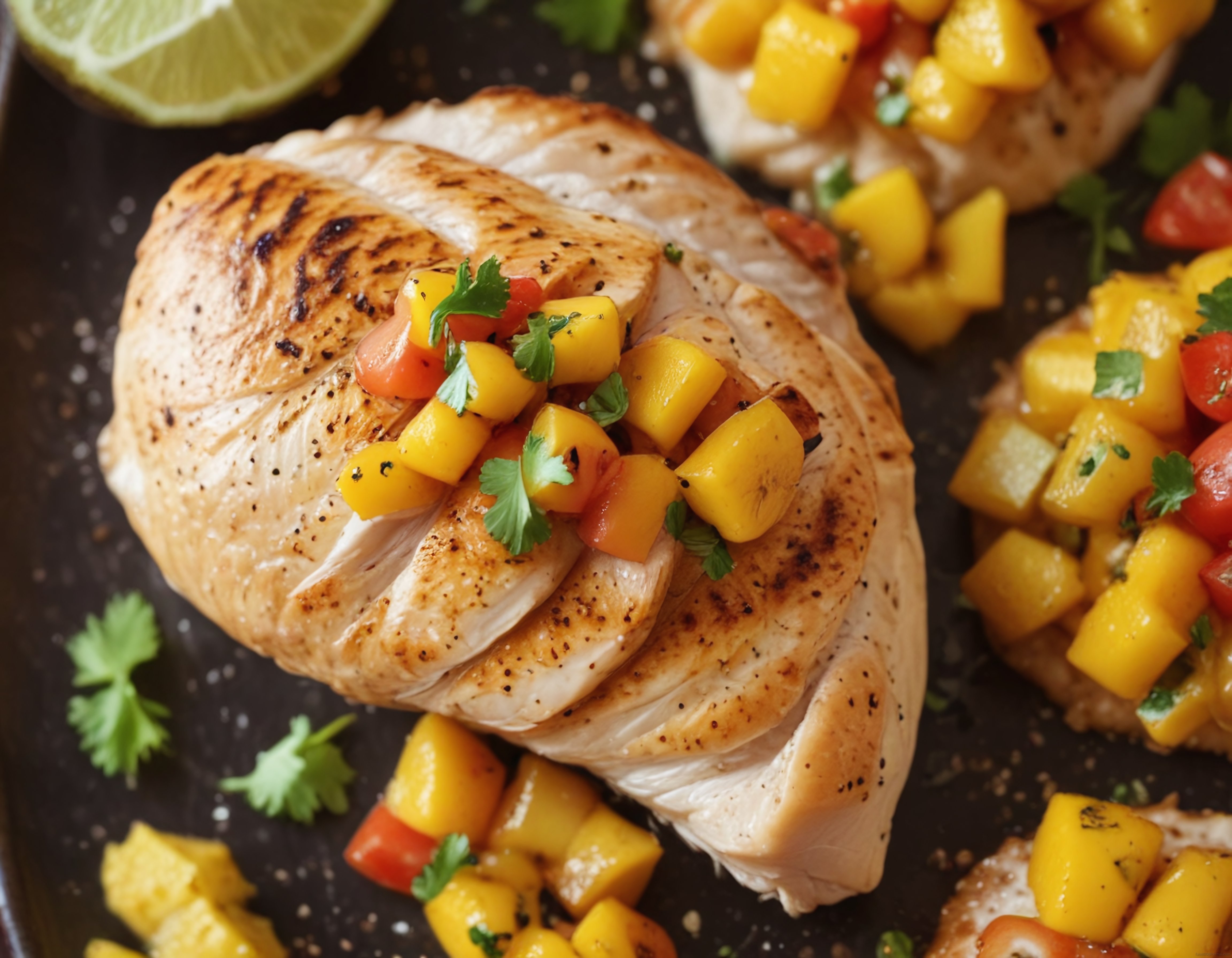 Izgara tavuk göğsü üzerinde taze mango ve domatesli salsa sos ile renkli servis