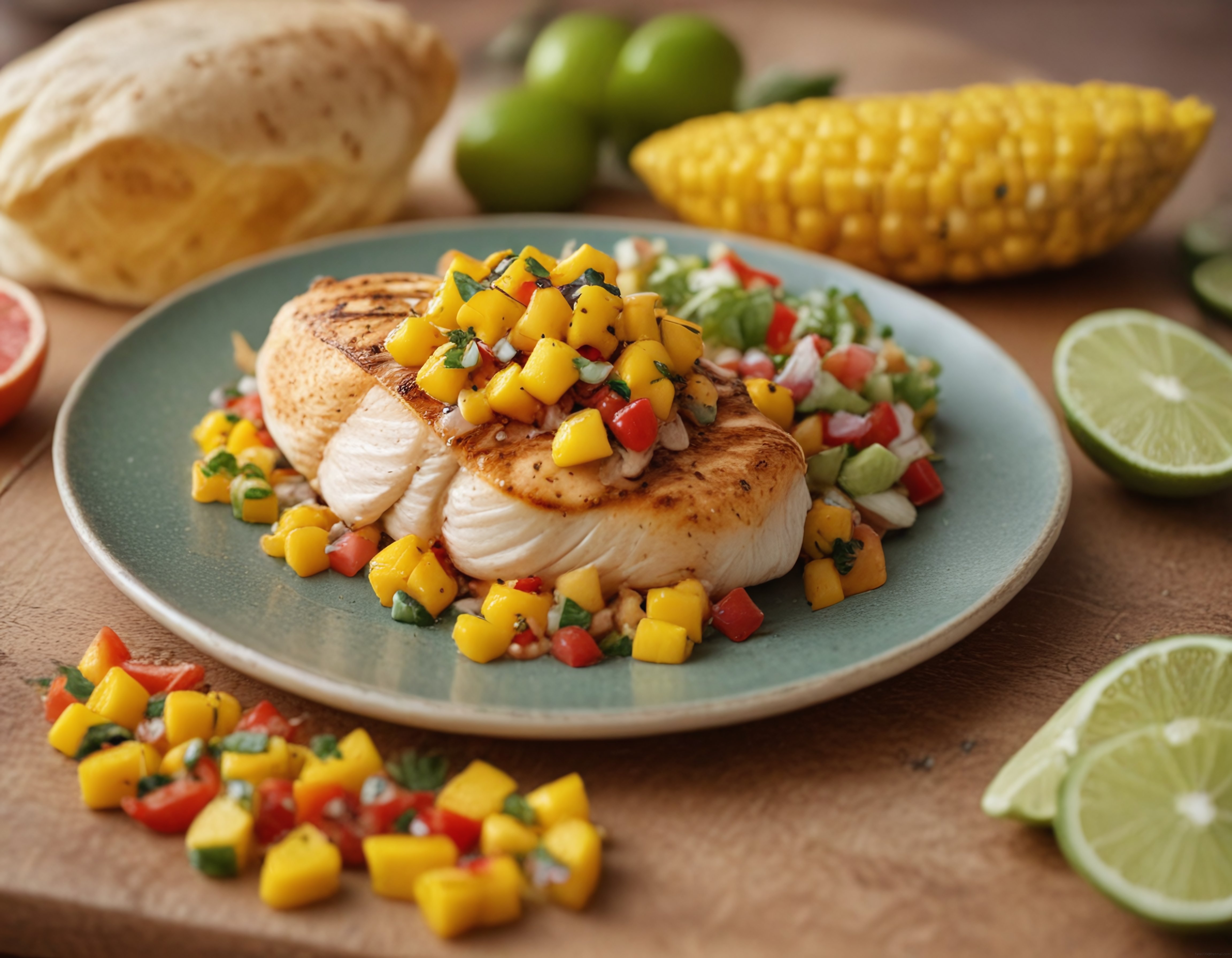 Izgara Tavuk Göğsü Üzerinde Tropikal Mango Salsa ve Akşam Yemeği Sunumu