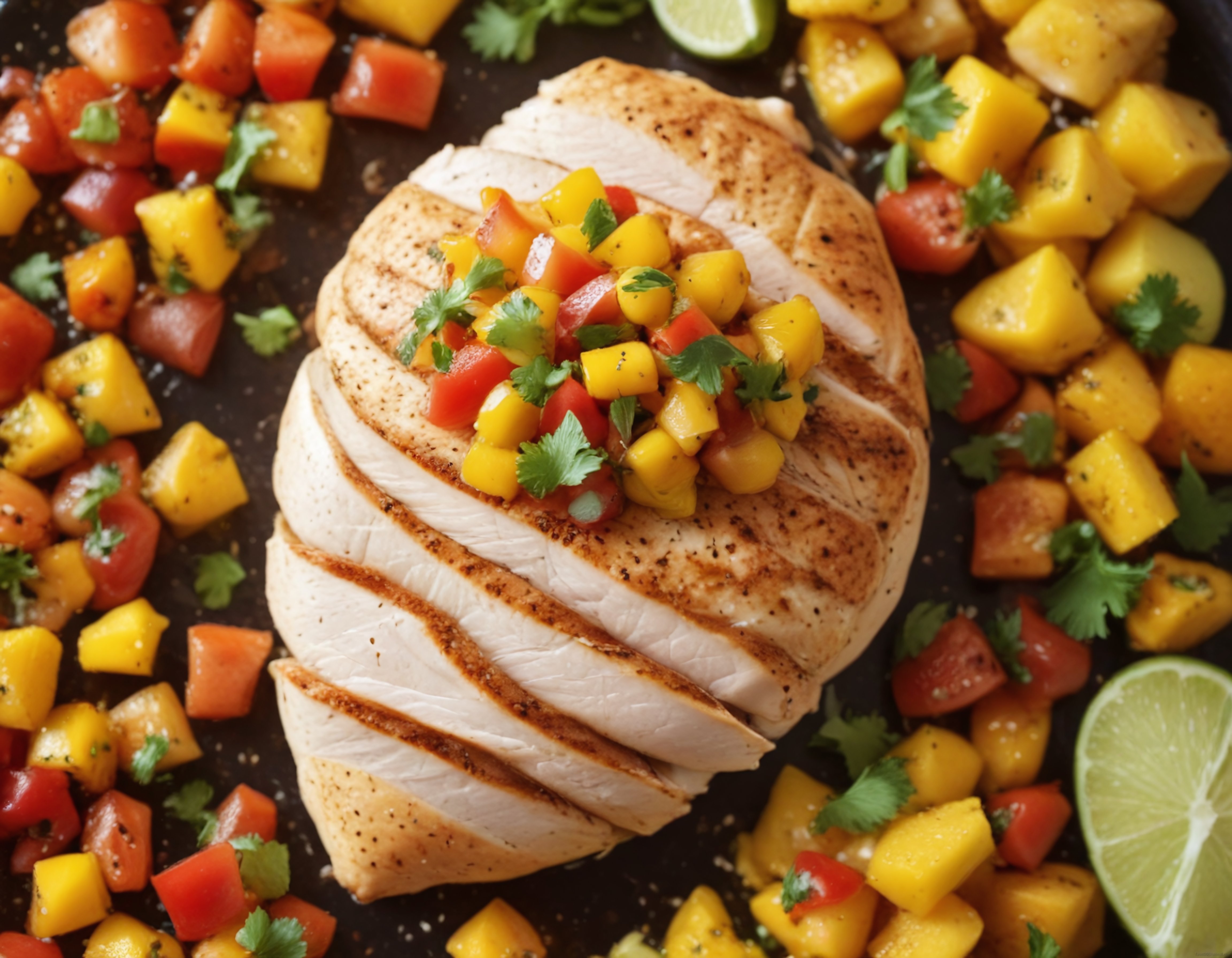 Izgara Tavuk Göğsü Üzerinde Tropikal Mango Salsa ve Kişniş Süslemesi