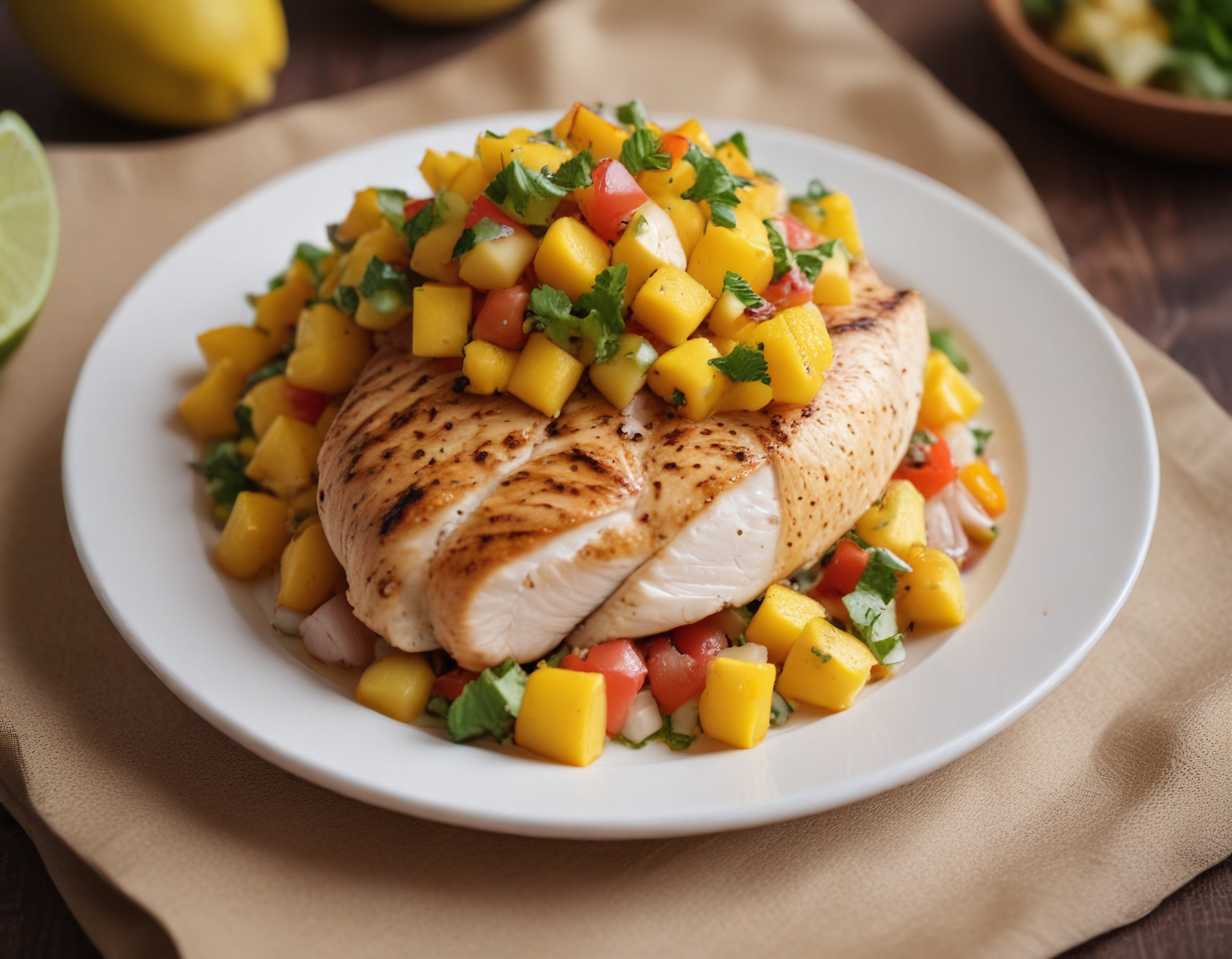 ızgara tavuk göğüs üzerine taze mango salsa ile renkli ve sağlıklı sunum