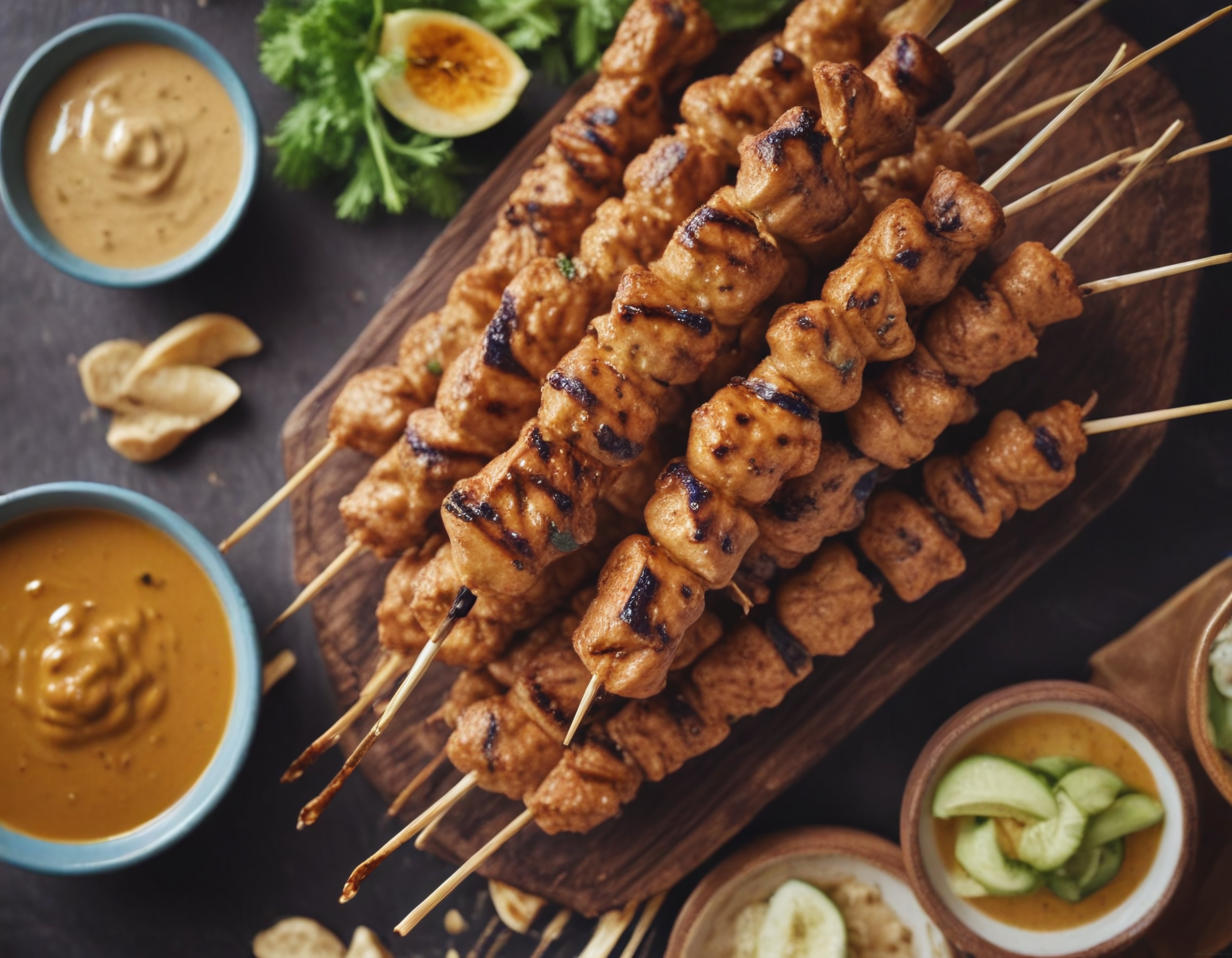 ızgara tavuk satay şişleri fıstık sosu salatalık ve limon eşliğinde ahşap sunum