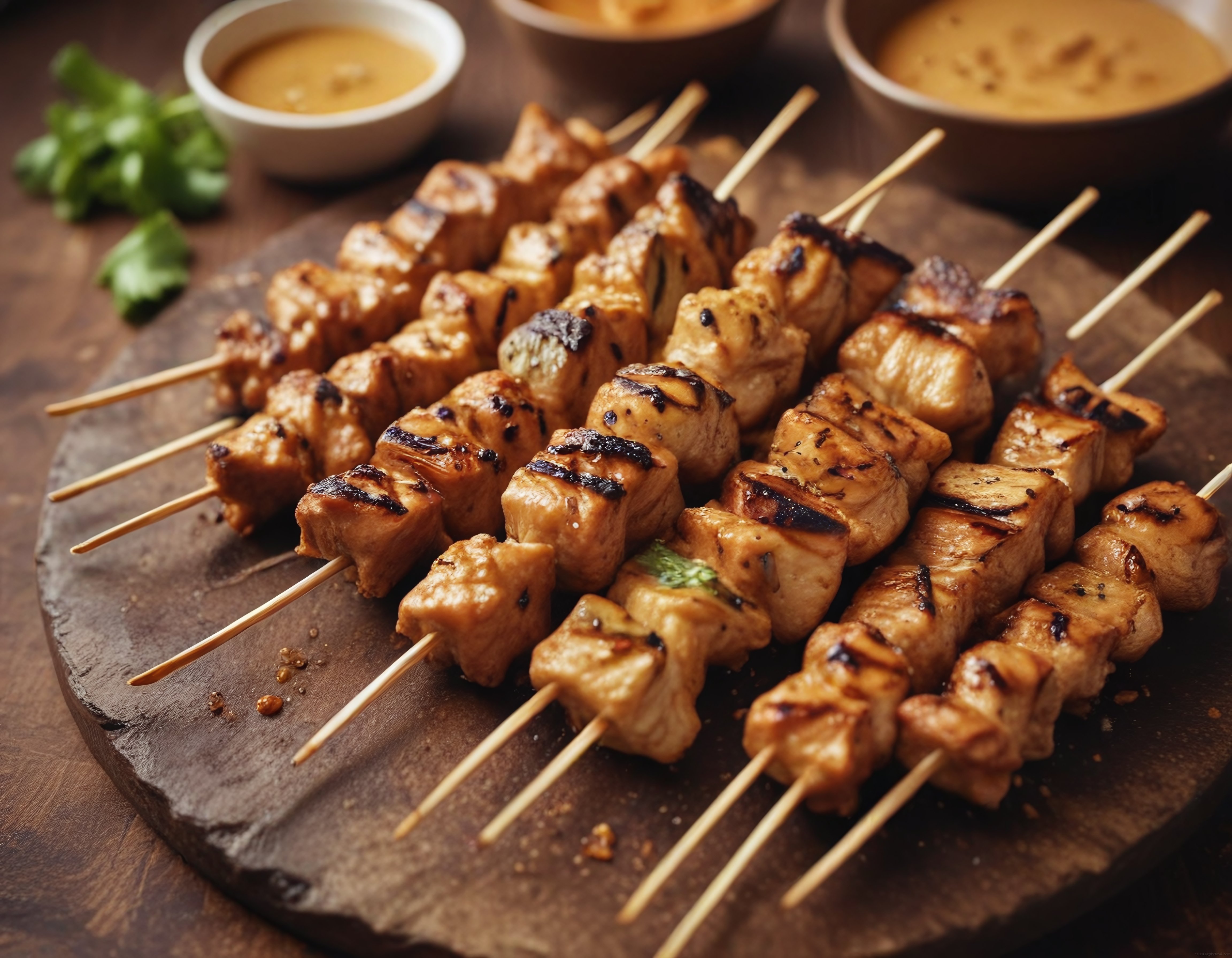Izgara Tavuk Şiş Kebap ve Fıstık Sosu ile Geleneksel Mutfak Sunumu