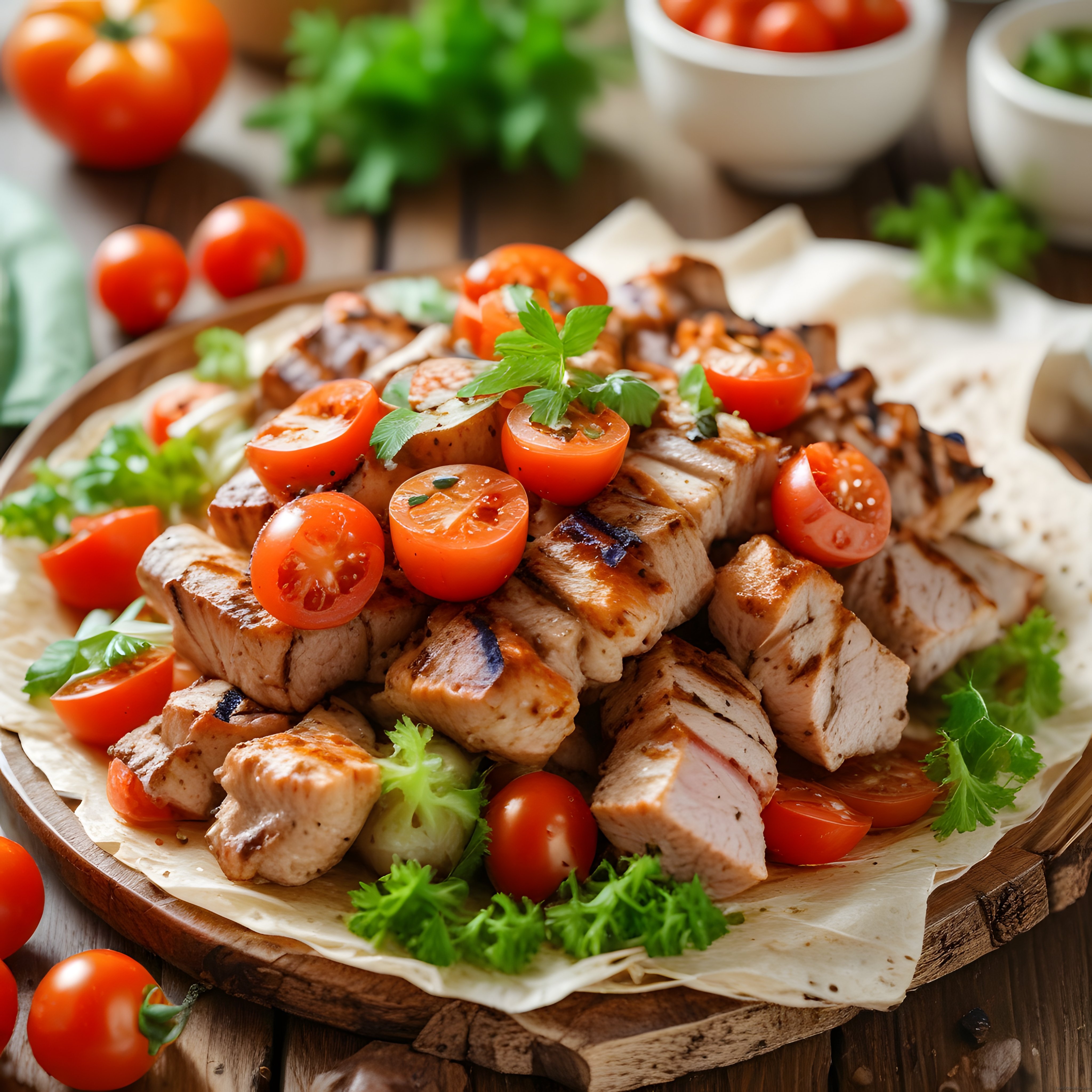 Izgara tavuk şiş lavaş üzerinde; domates, maydanoz ve taze salata ile