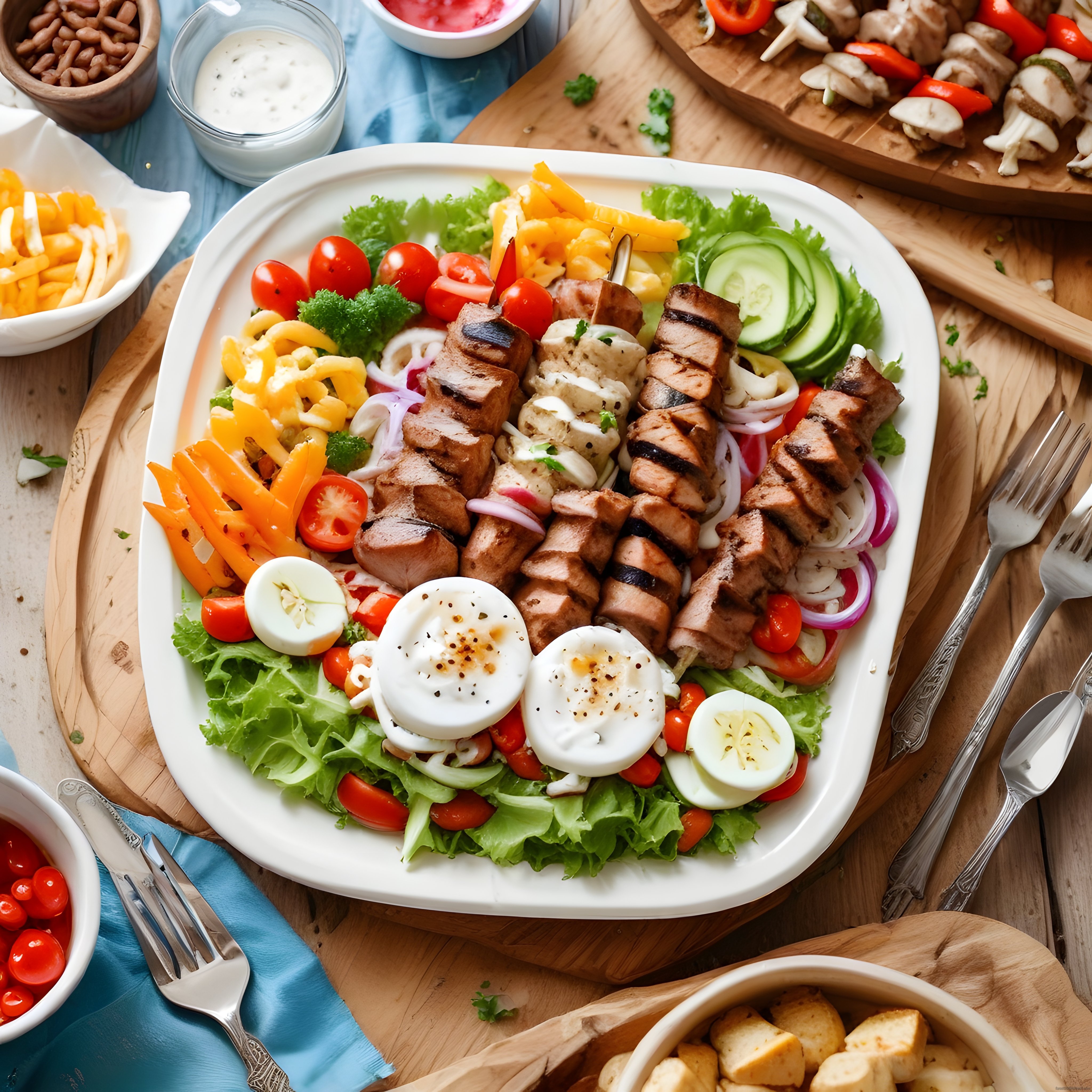 Izgara tavuk şişli, yumurtalı ve mozzarella peynirli salata kasesi