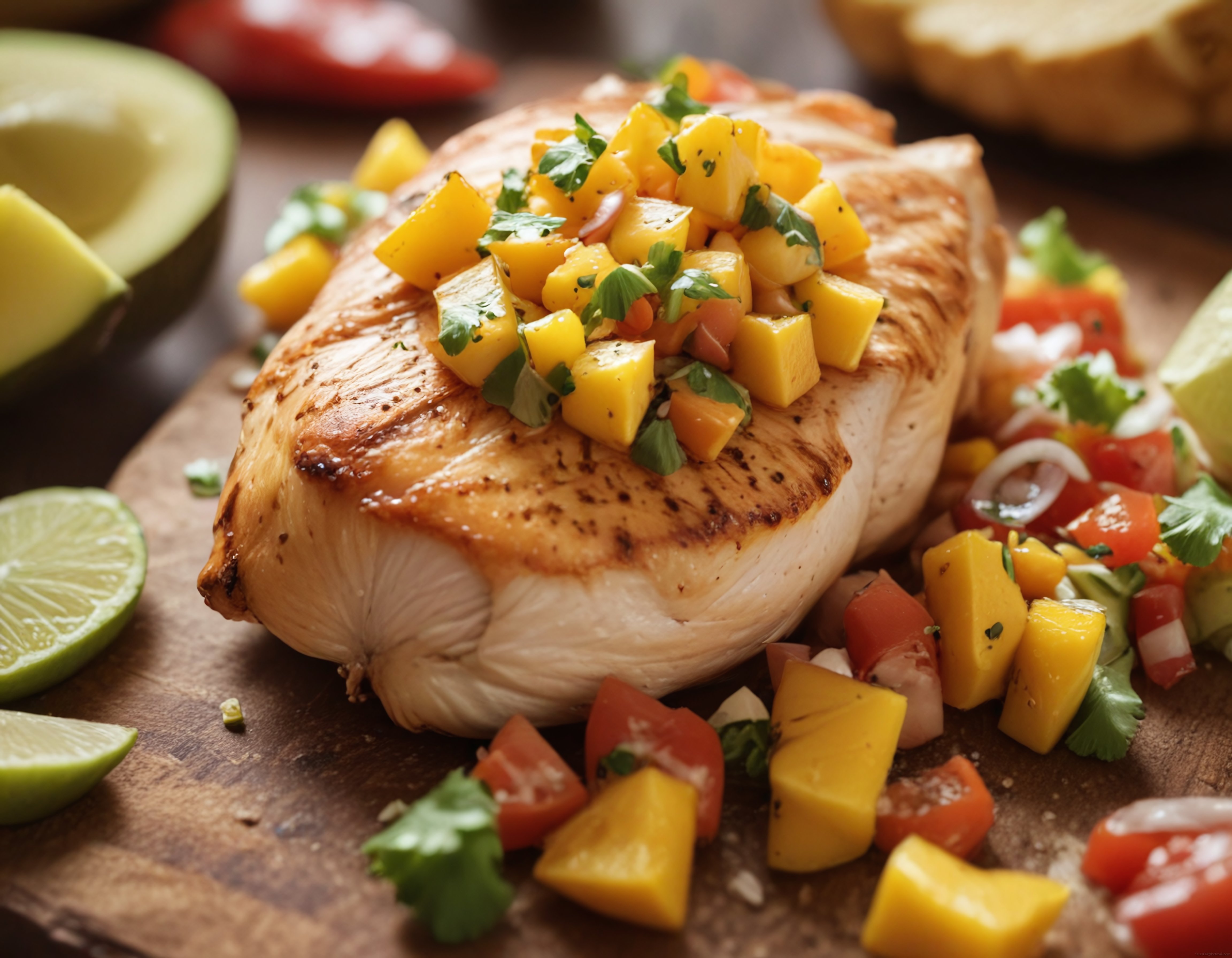 Izgara Tavuk Üzerinde Tropikal Mango Salsa, Avokado ve Taze Kişniş