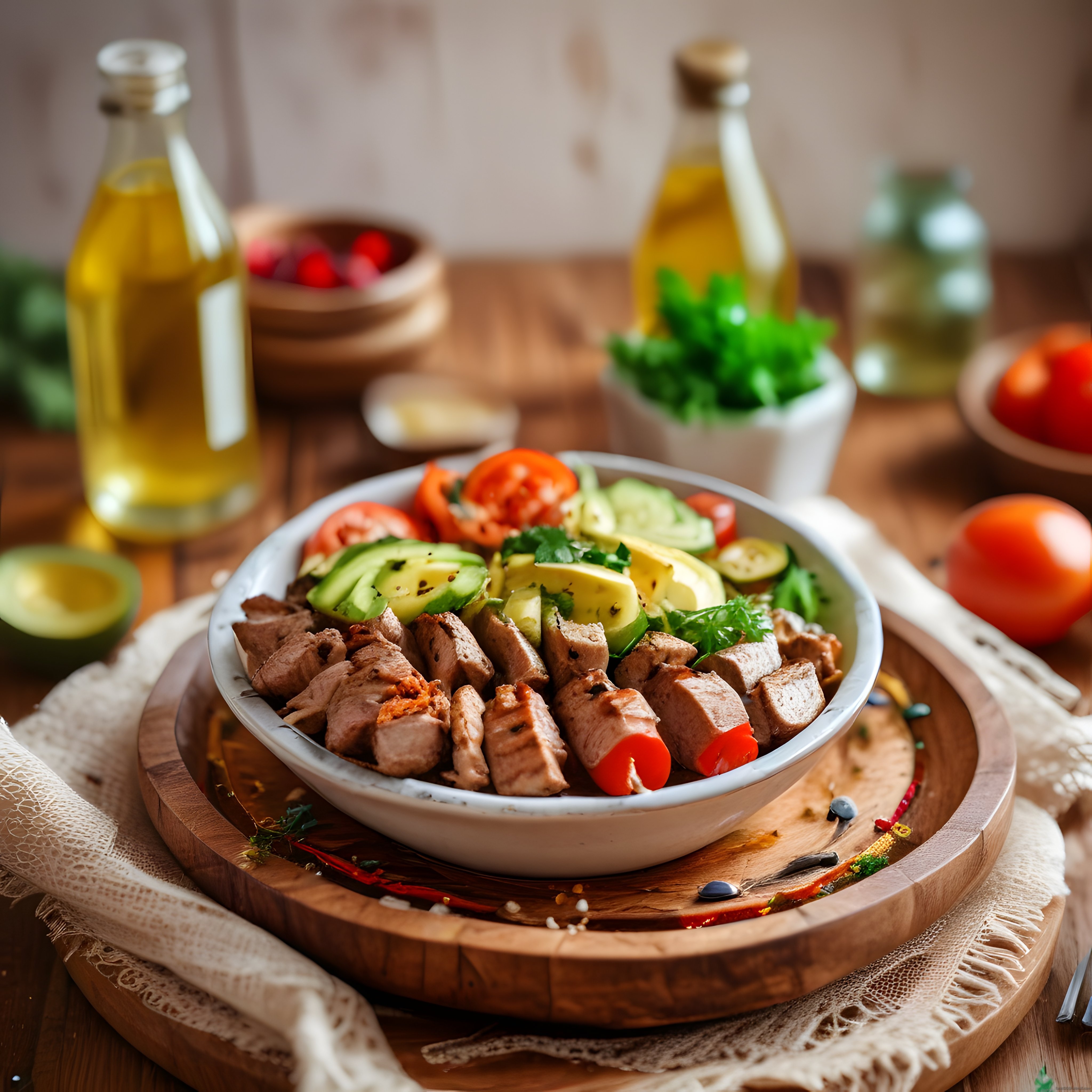 ızgara tavuklu avokado salatası kasesi ve zeytinyağı ile rustik sunum