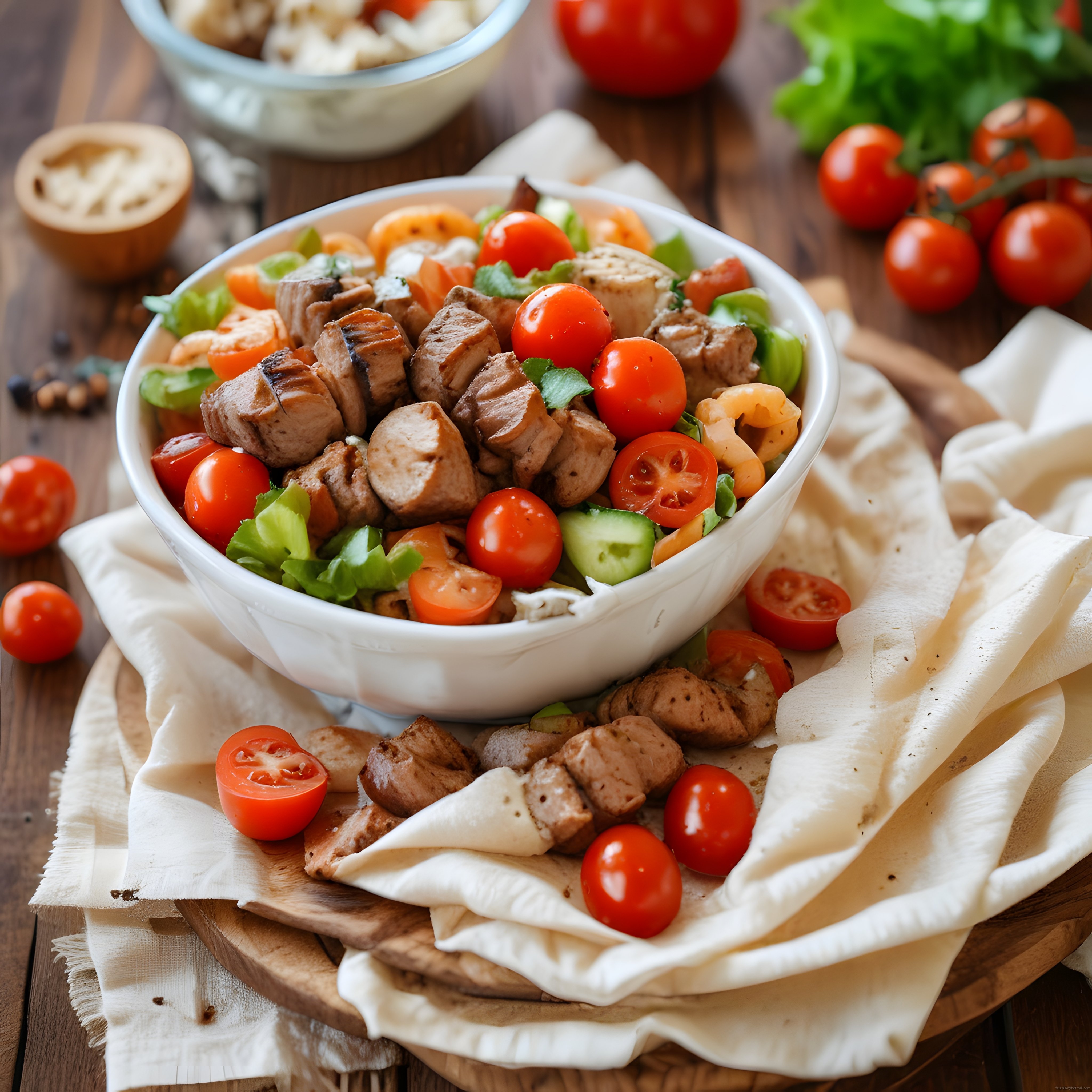 Izgara tavuklu, domatesli ve salatalıklı besleyici salata kasesi sunumu