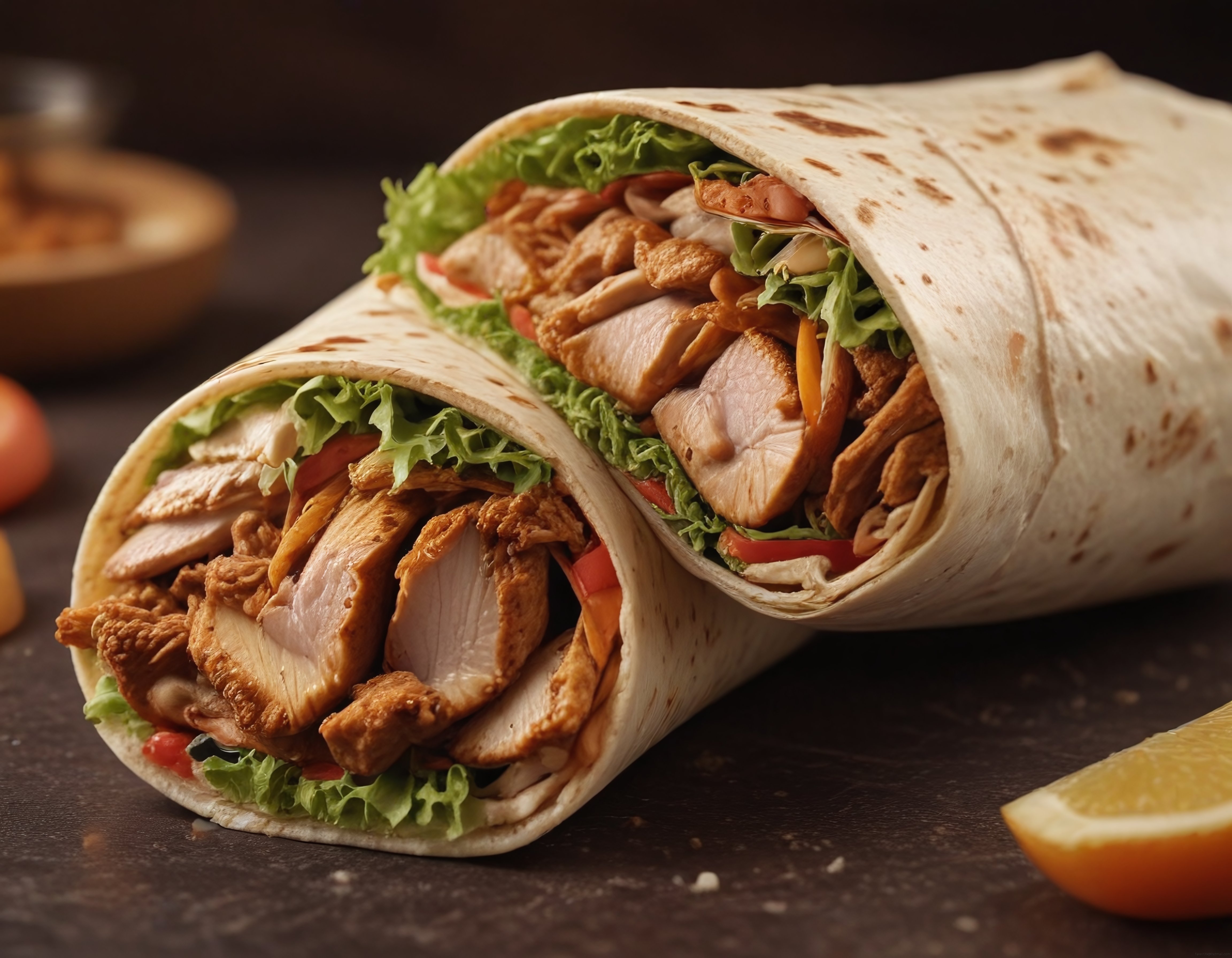 ızgara tavuklu lezzetli tortilla wrap, marul domates ve sosla besleyici öğün