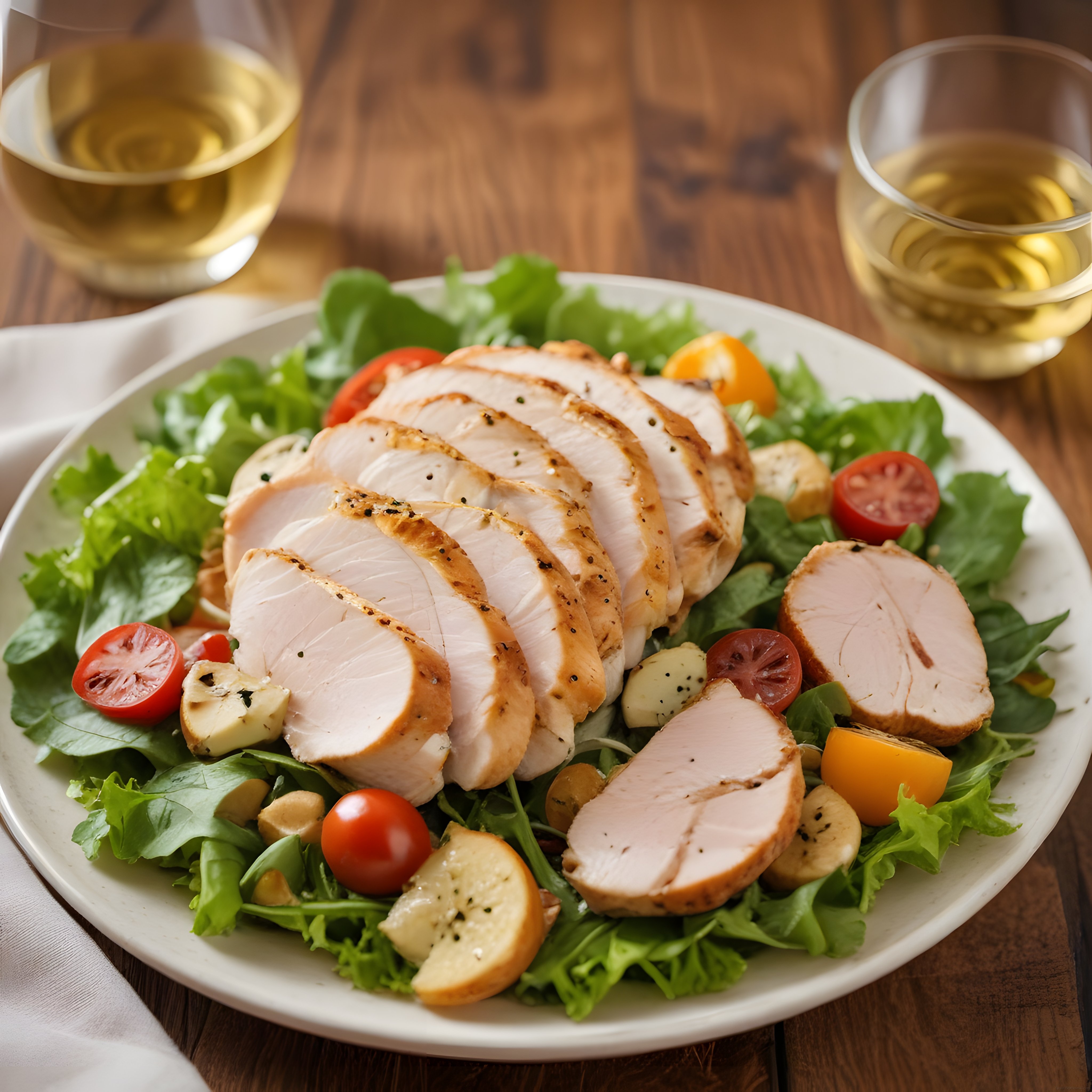 Izgara Tavuklu Salata ve Beyaz Şarap Eşliğinde Sağlıklı Yemek Fotoğrafı