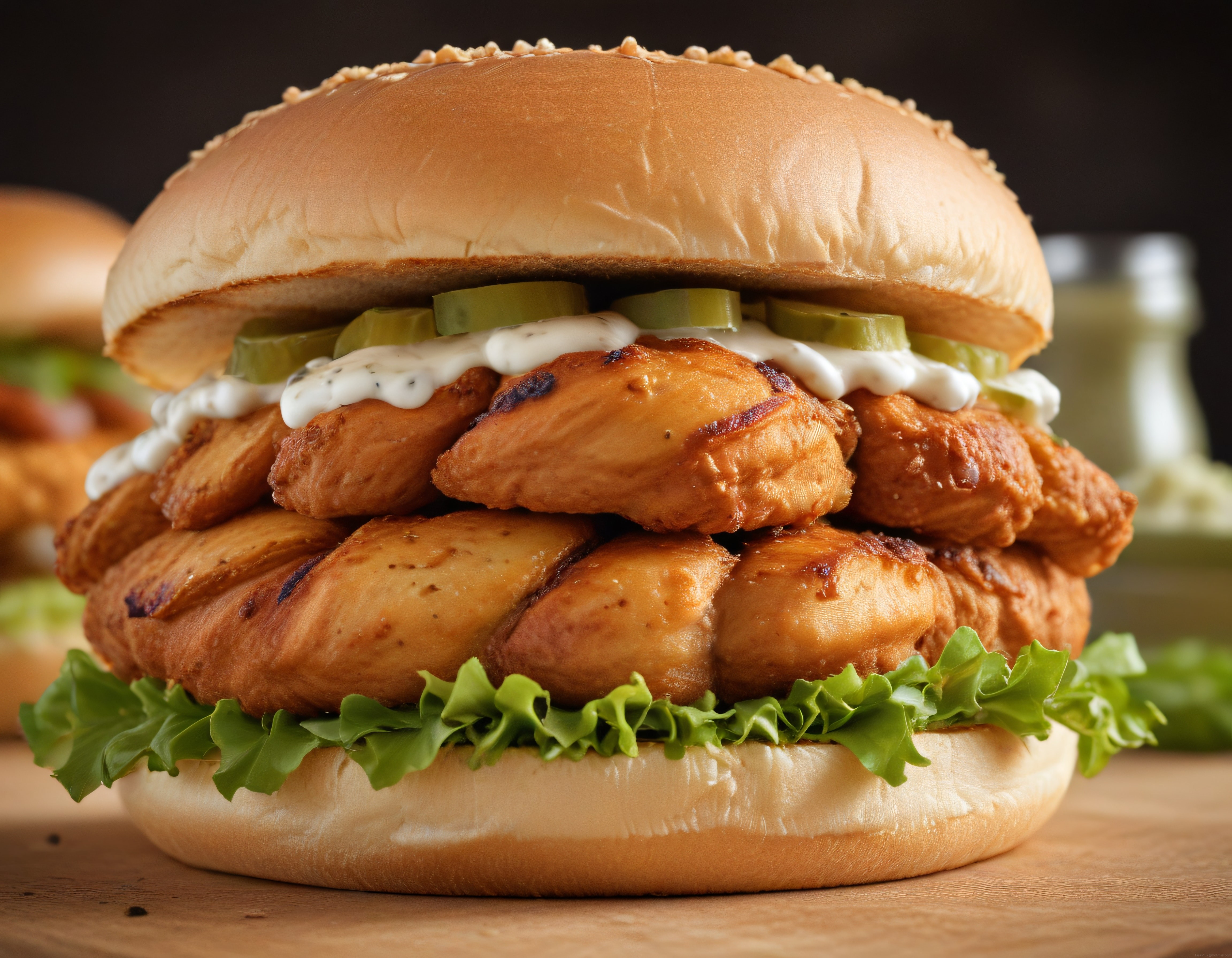 Izgara Tavuklu Susamlı Burger Taze Marul Turşu ve Kremalı Sos ile Sunum