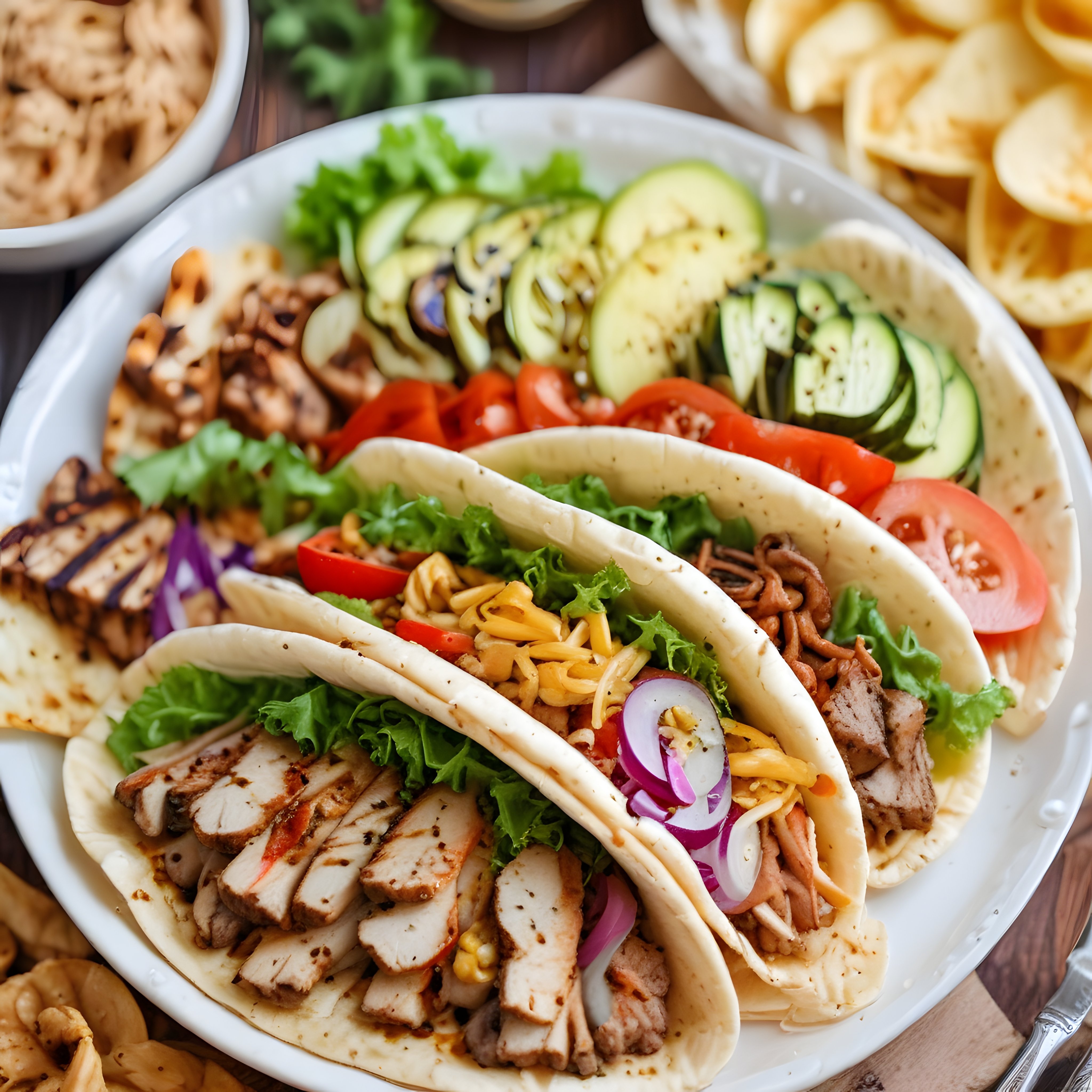 Izgara Tavuklu, Taze Sebzeli ve Peynirli Meksika Tarzı Tacos Tablosu
