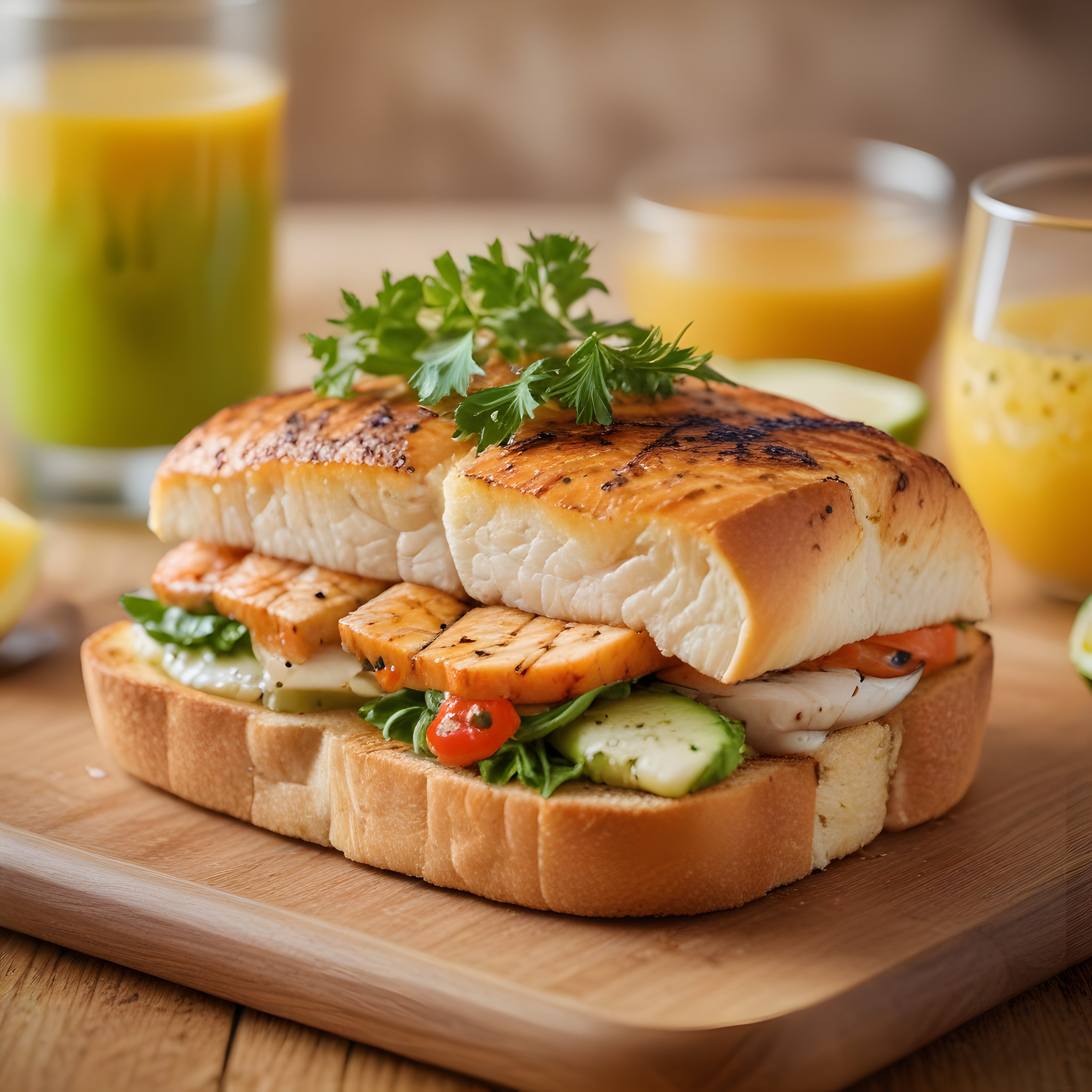 Izgara Tavuklu Tost Sandviç ve Portakal Suyu ile Lezzetli Kahvaltı Sunumu