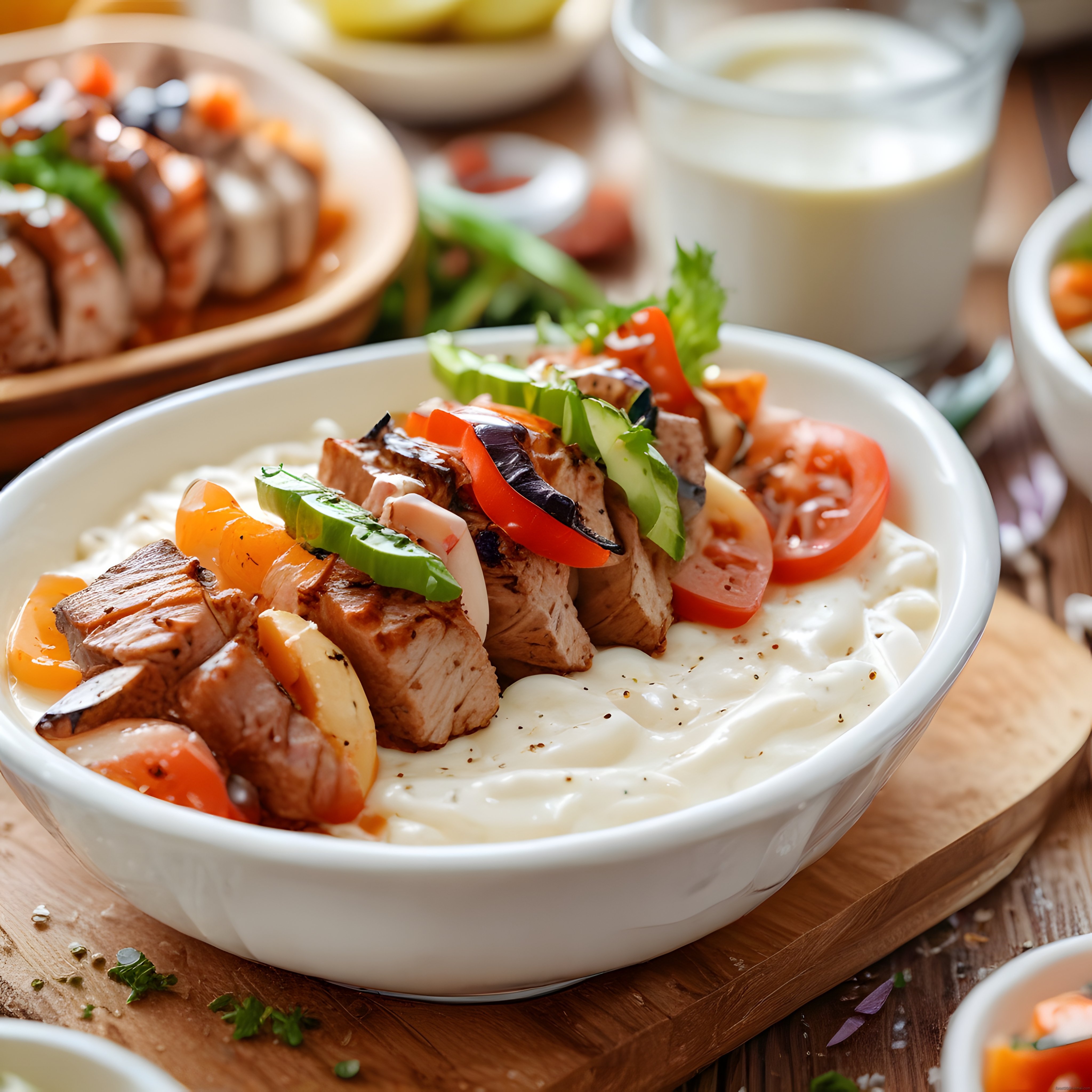 ızgara tavuklu yoğurtlu kebap kasesi ve renkli sebzelerle sonsuz lezzet