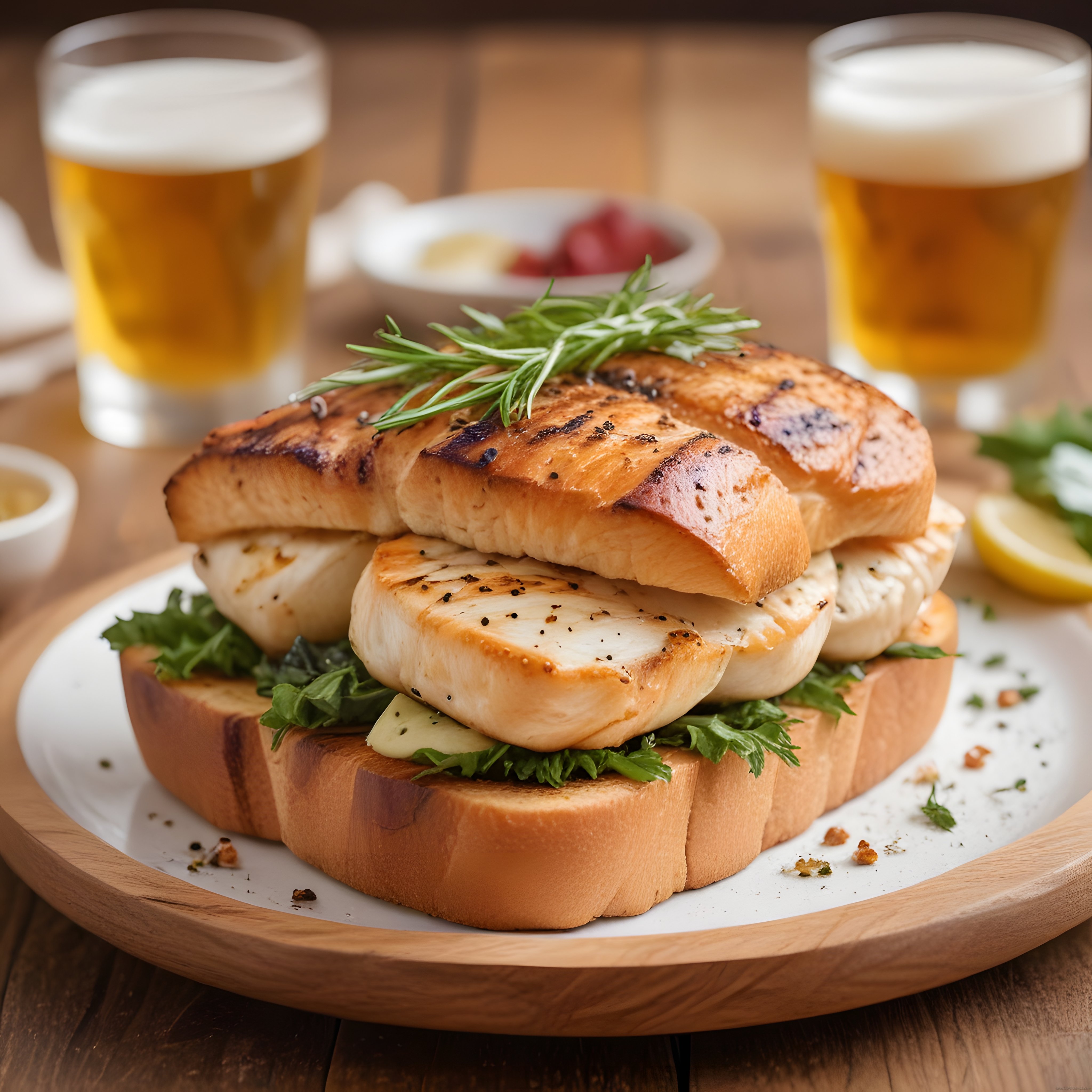Izgara tavuklu yumuşacık sandviç, biberiye aroması ve köpüklü bira eşliğinde