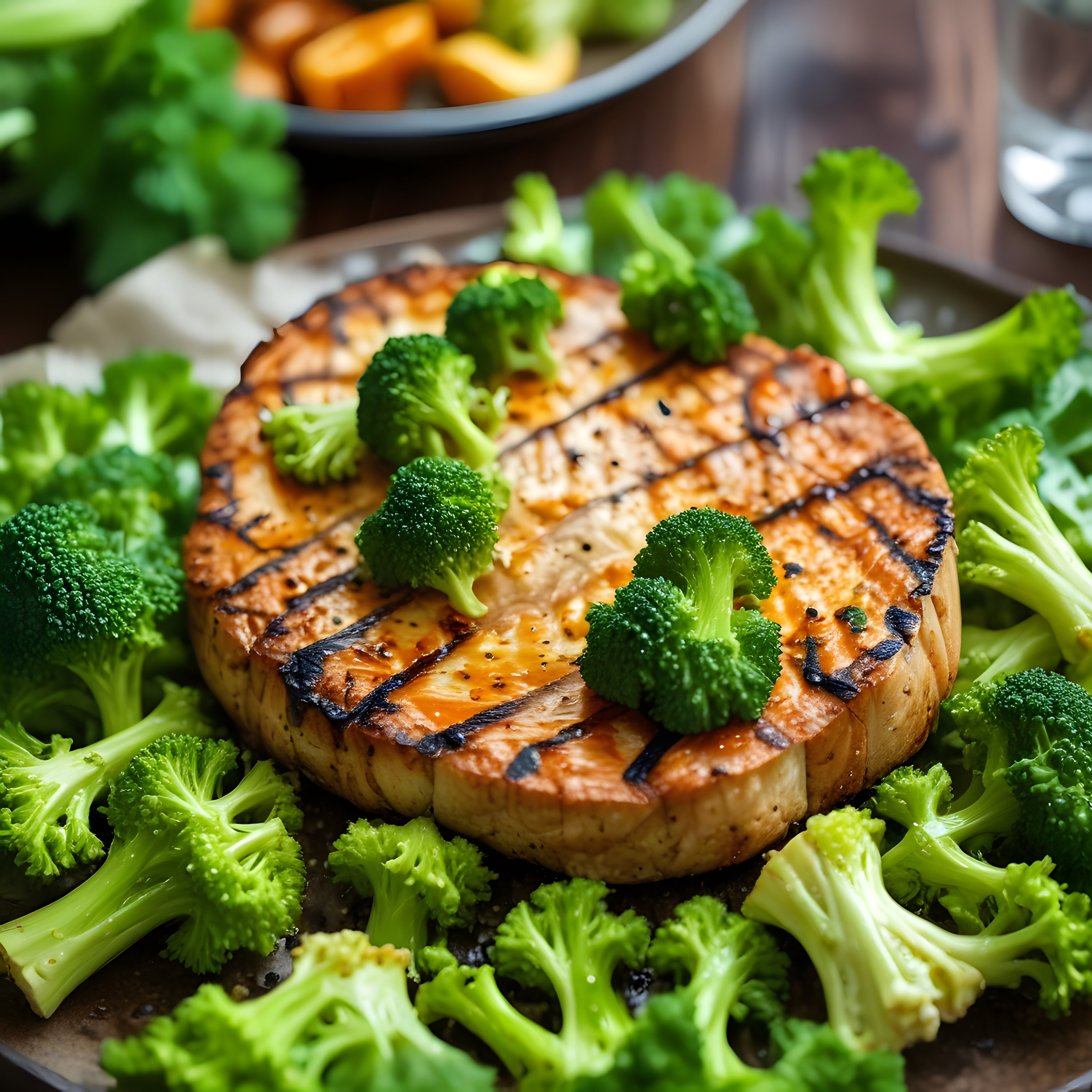 Izgara Tofu Dilimleri ve Brokoli ile Hazırlanan Nefis Vegan Yemek Tabağı