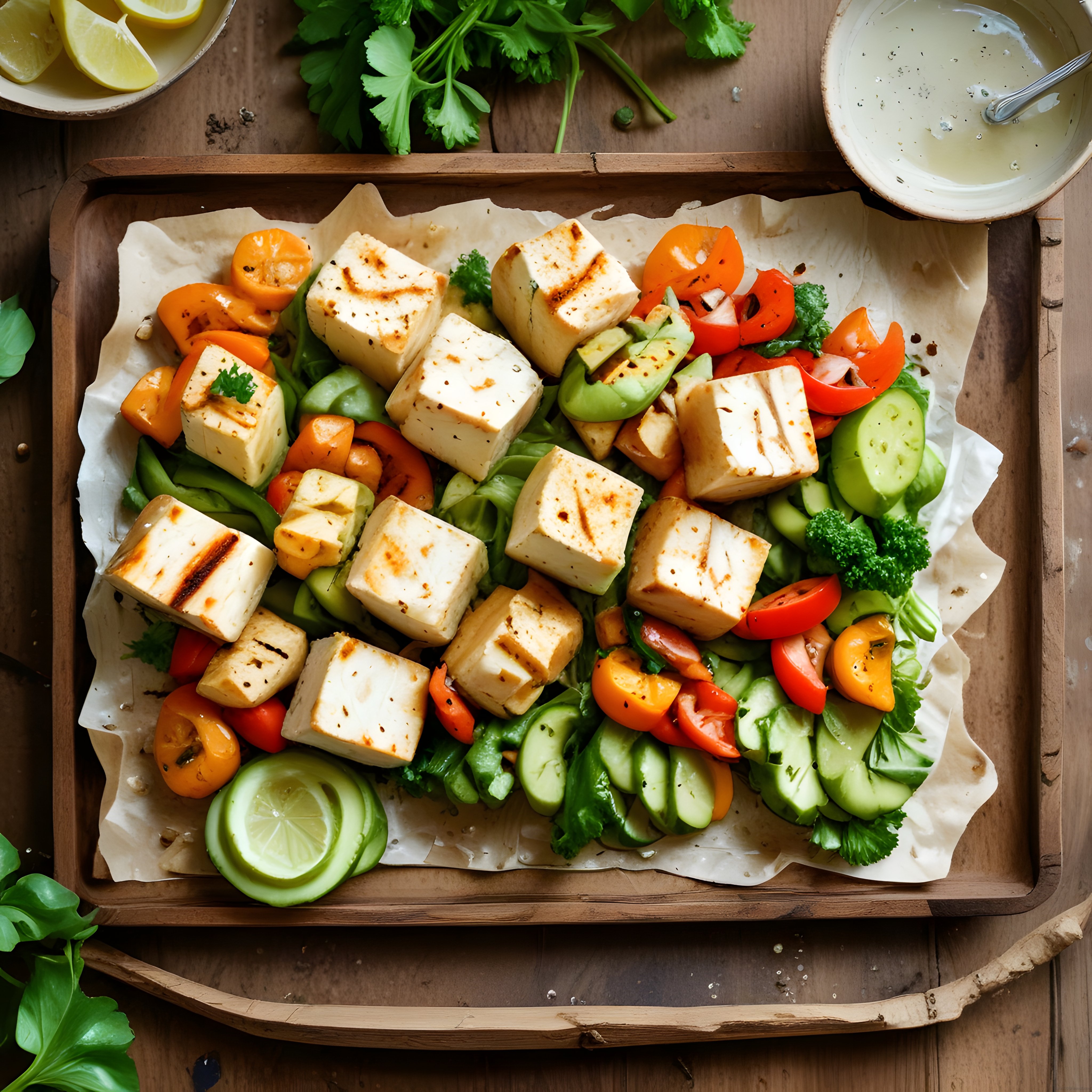 Izgara Tofu ve Renkli Sebzelerle Hazırlanmış Sağlıklı Vegan Salata Sunumu