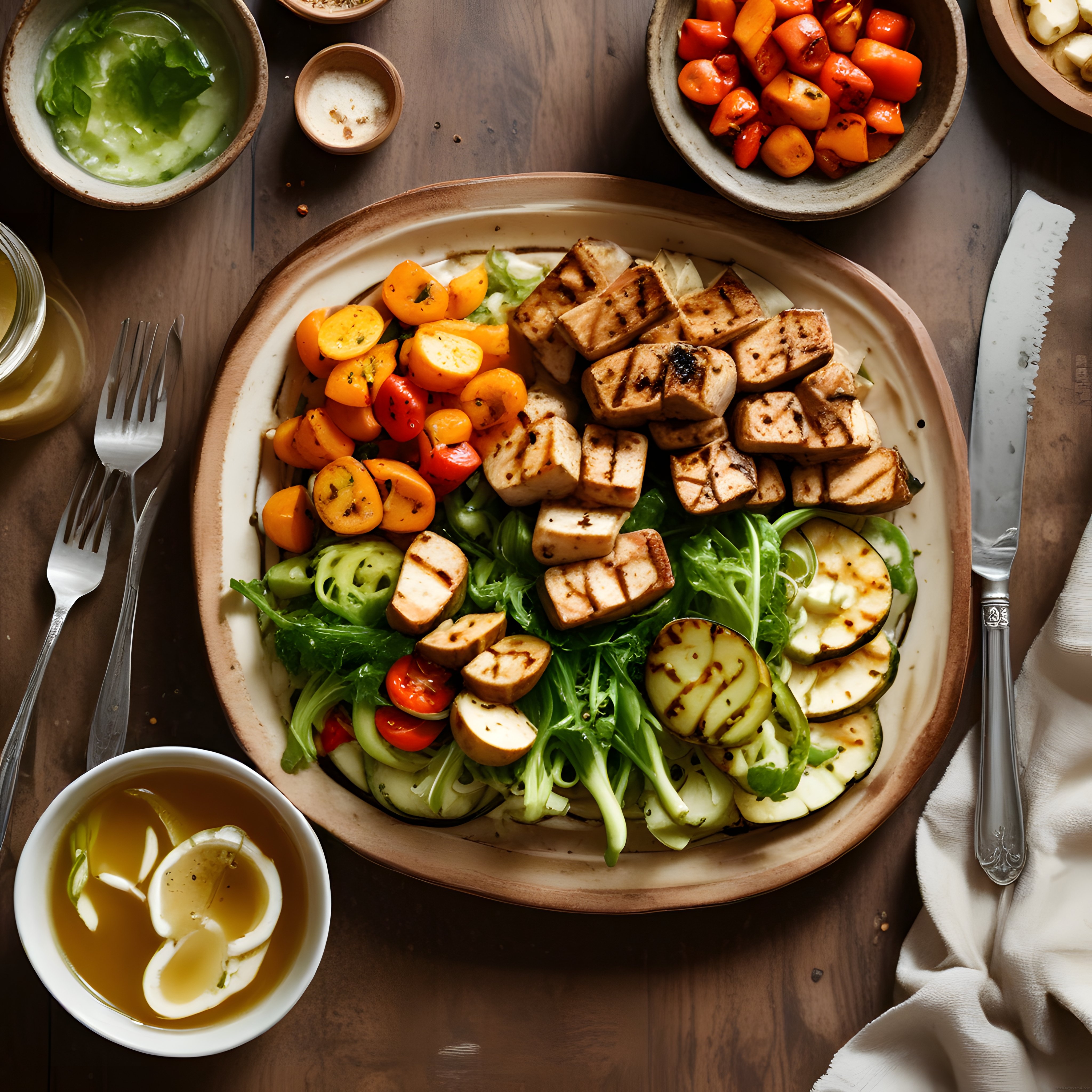 Izgara Tofu Ve Sebze Salatası Sağlıklı Ve Lezzetli Vegan Tabak Sunumu