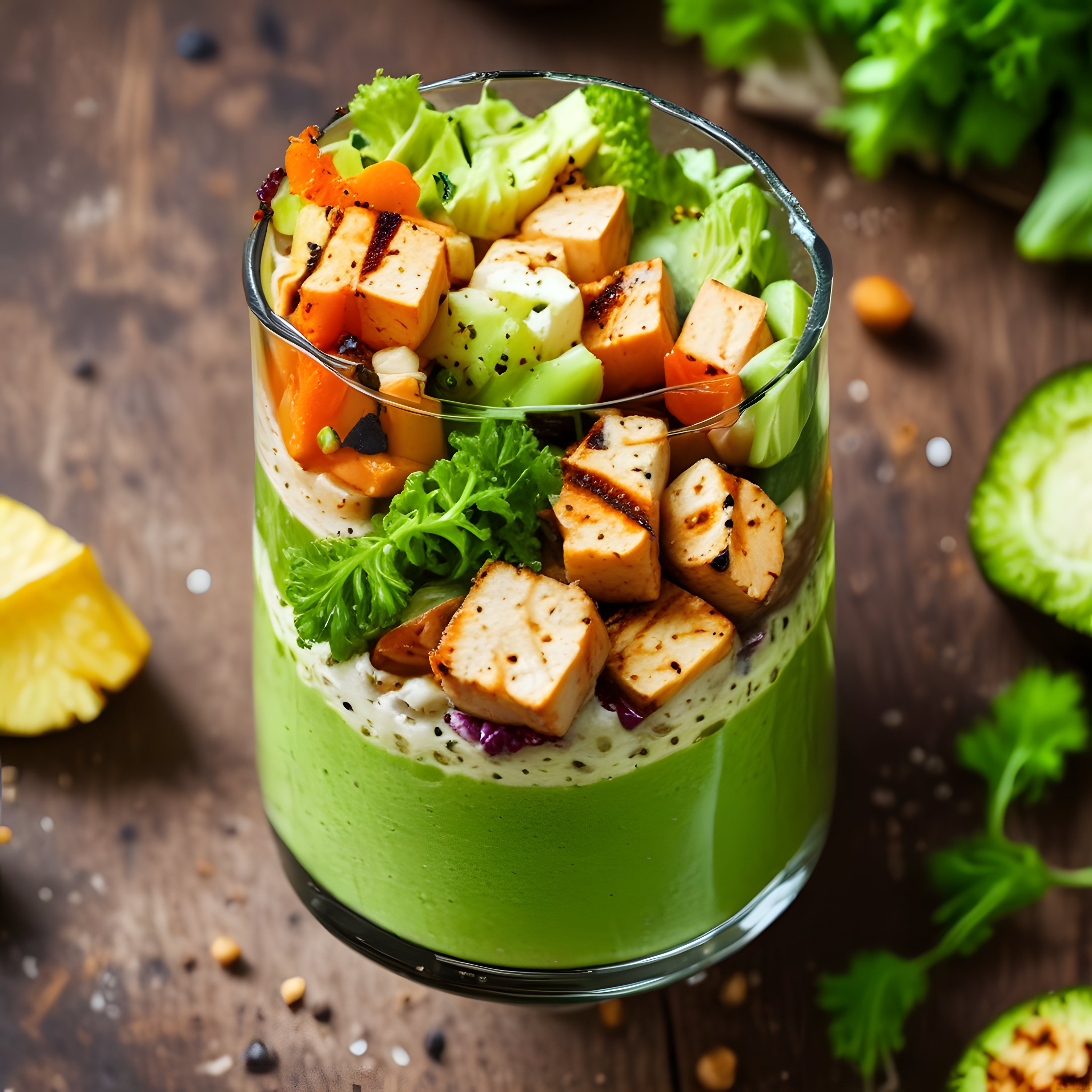 Izgara tofulu, sebzeli ve yeşil smoothie katmanlı cam bardakta salata