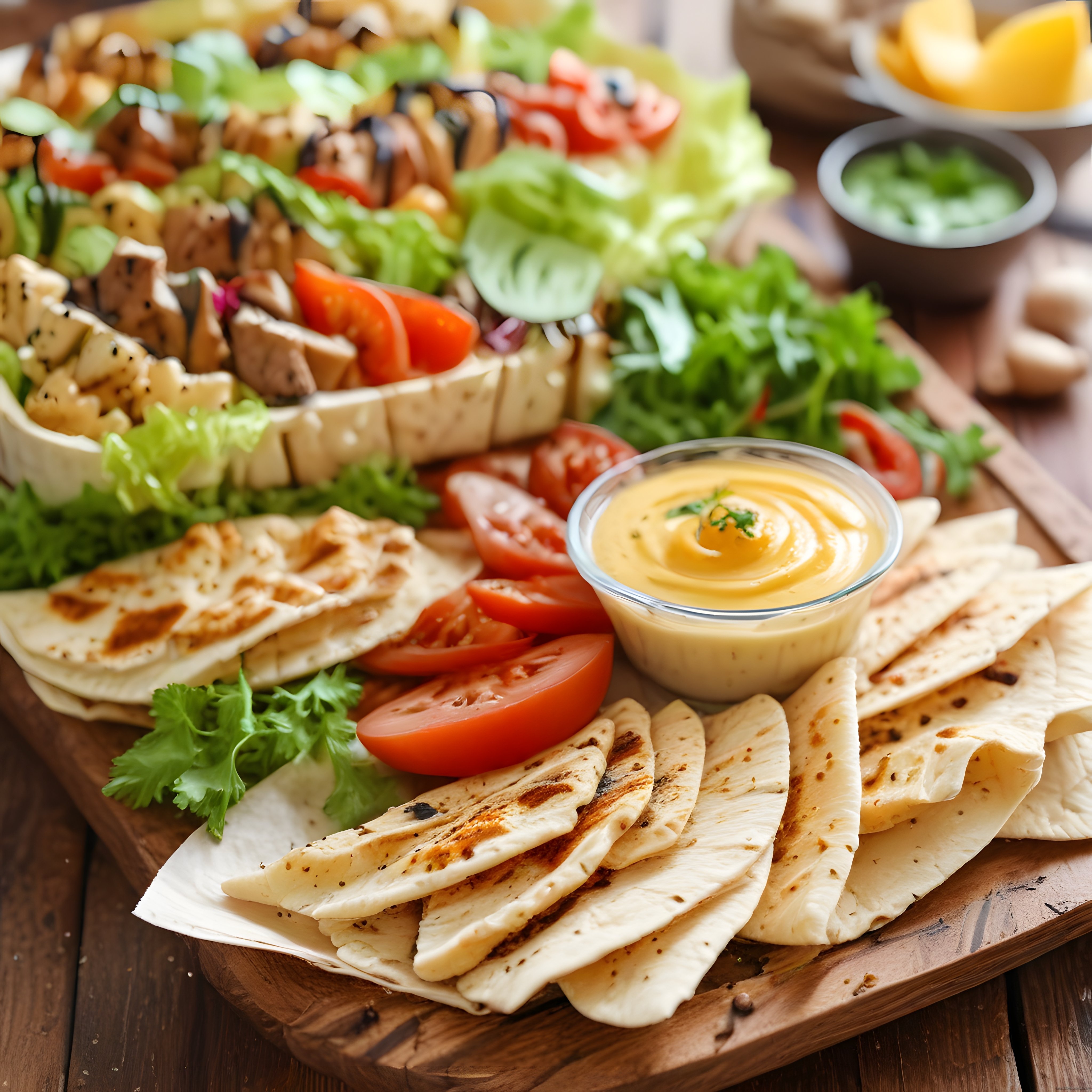 Izgara tortilla ve yeşillikli rustik ahşap sunum tahtası yemek kompozisyonu