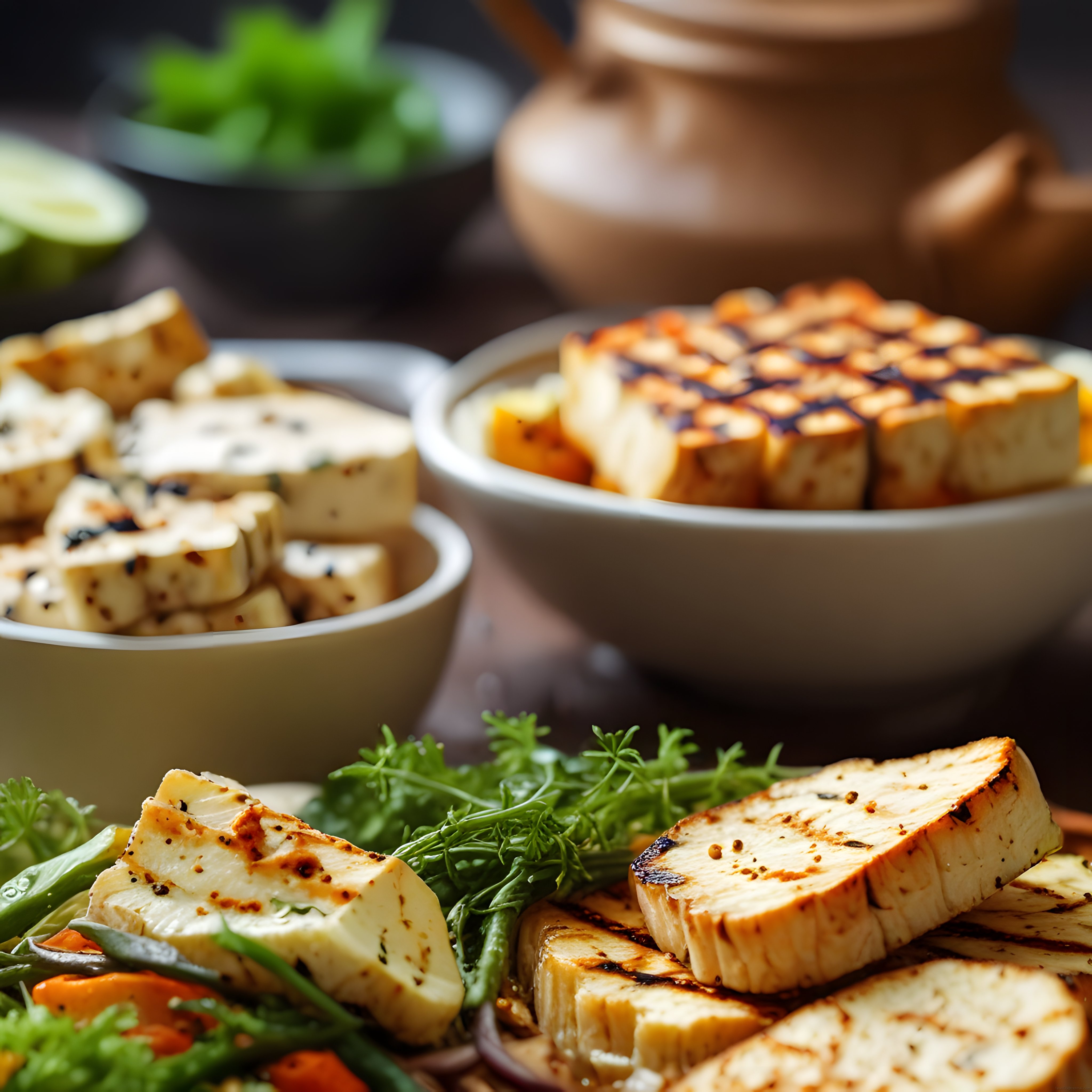 Izgarada Altın Rengi Hellim Peyniri ve Taze Yeşilliklerle Salata Tabağı