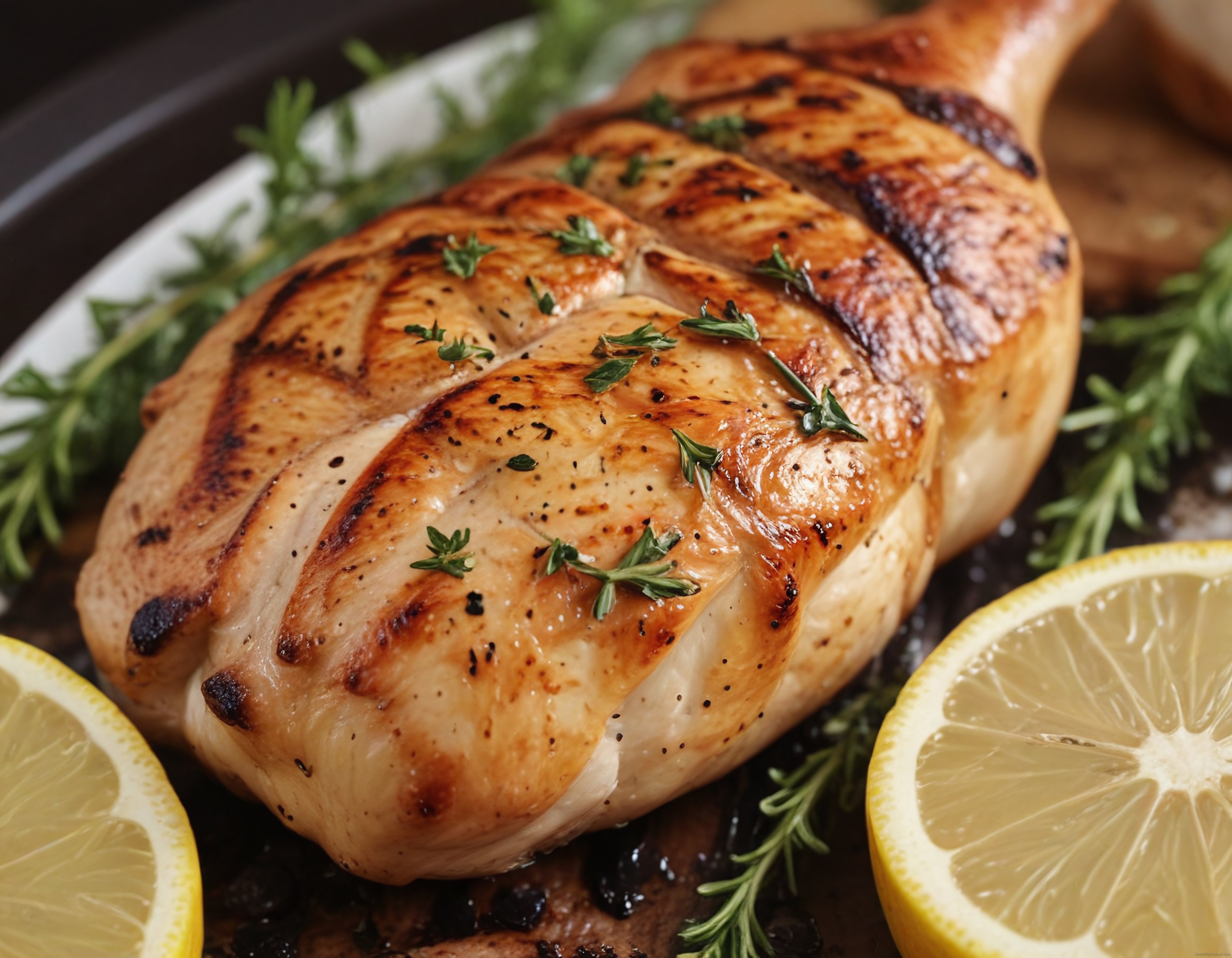 ızgarada kızarmış tavuk göğsü limon ve taze otlarla servis edilmiştir