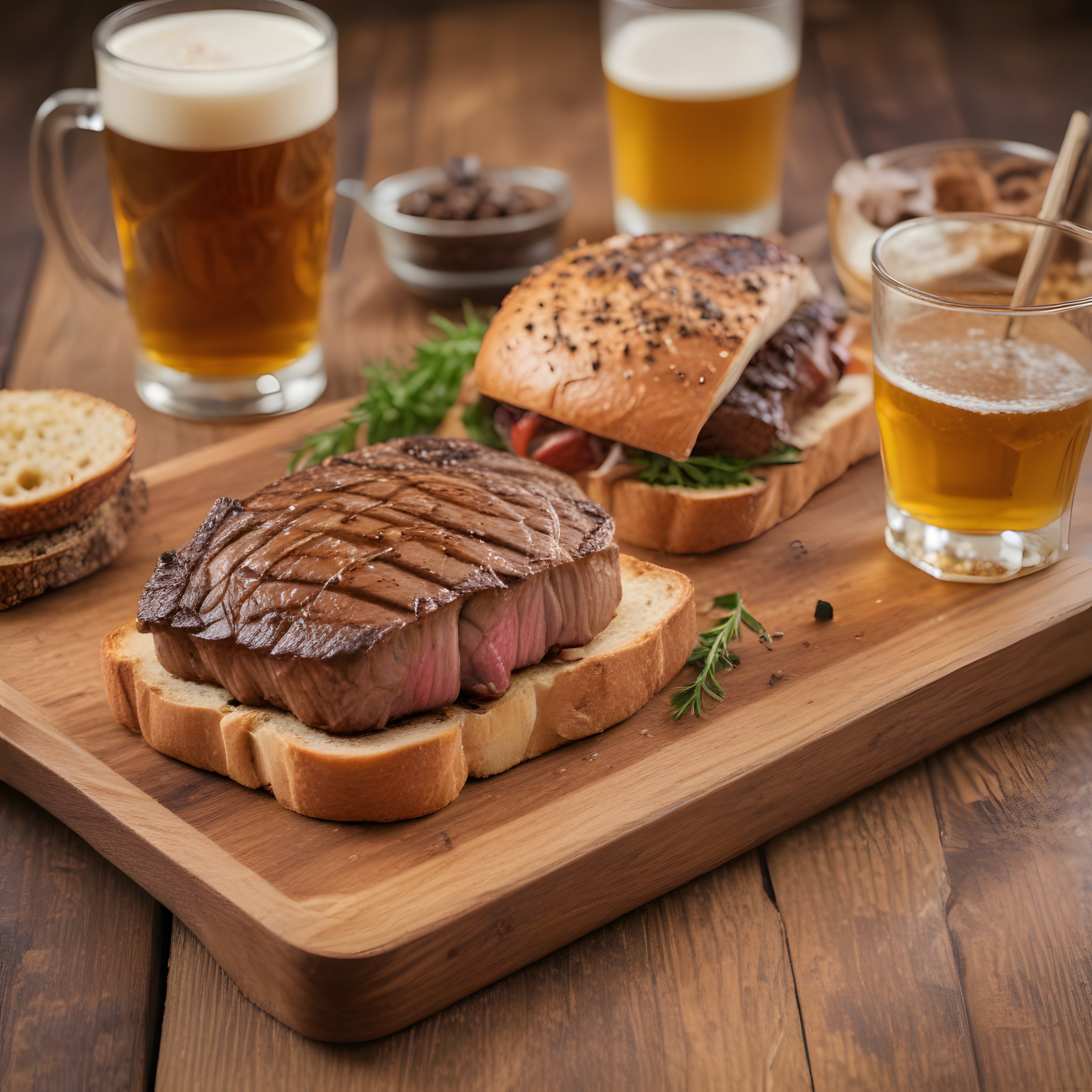 Izgarada lezzetli biftek, sandviç ve soğuk bira ile rustik pub masa sunumu