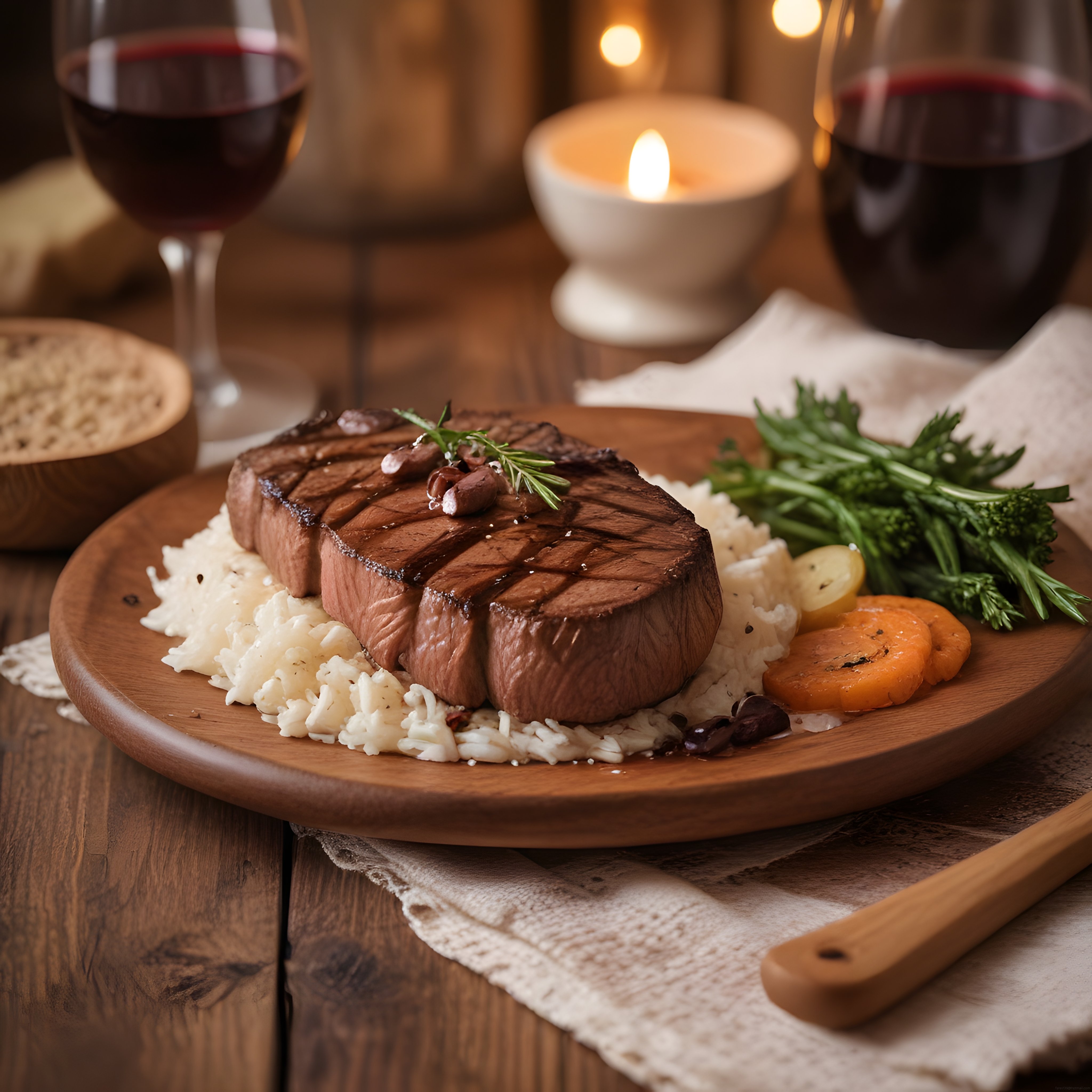 Izgarada Mükemmel Pişmiş Bonfile ve Mum Işığında Romantik Akşam Sofrası