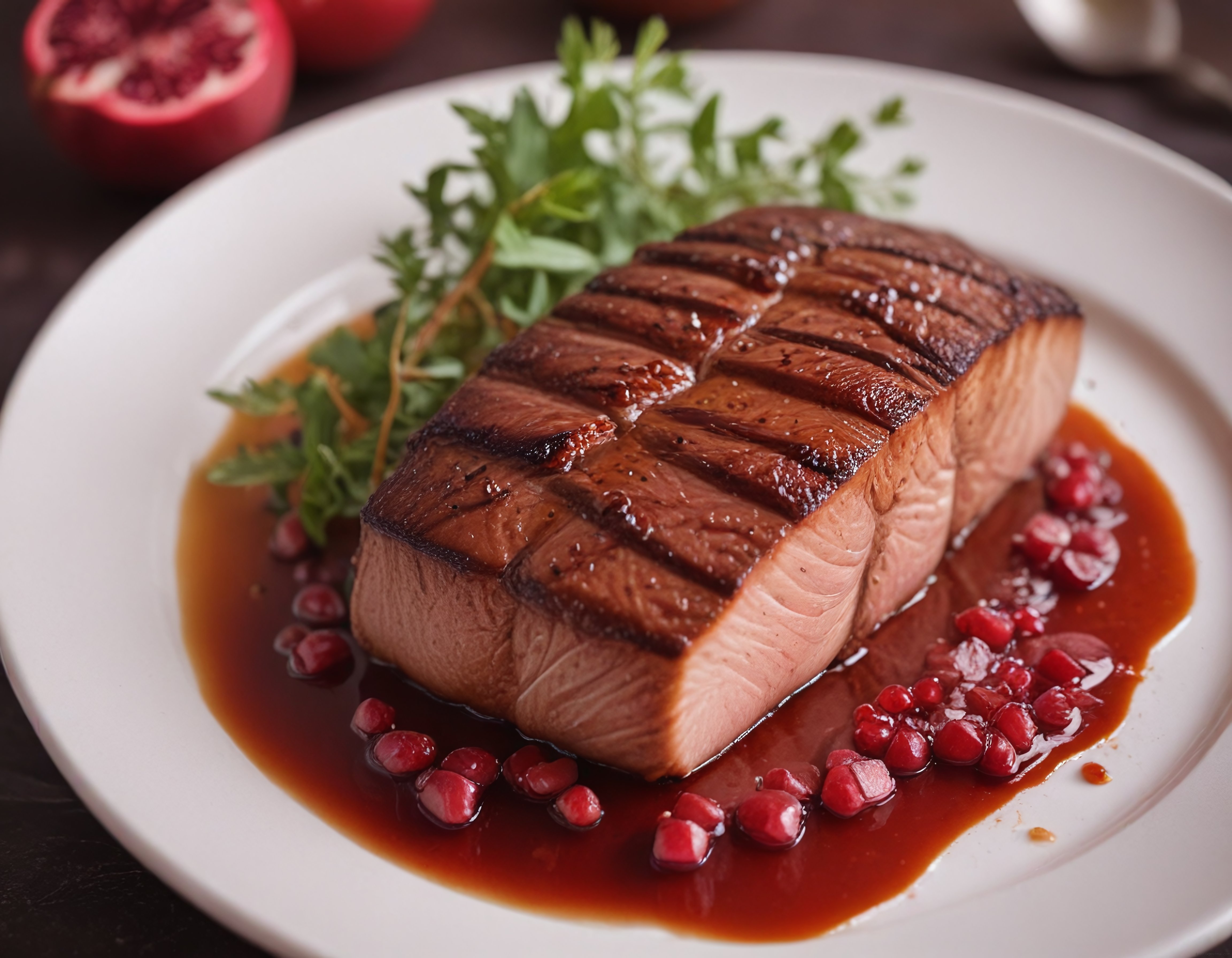 Izgarada Mükemmel Pişmiş Nar Soslu Et ve Nar Taneli Restaurant Sunumu