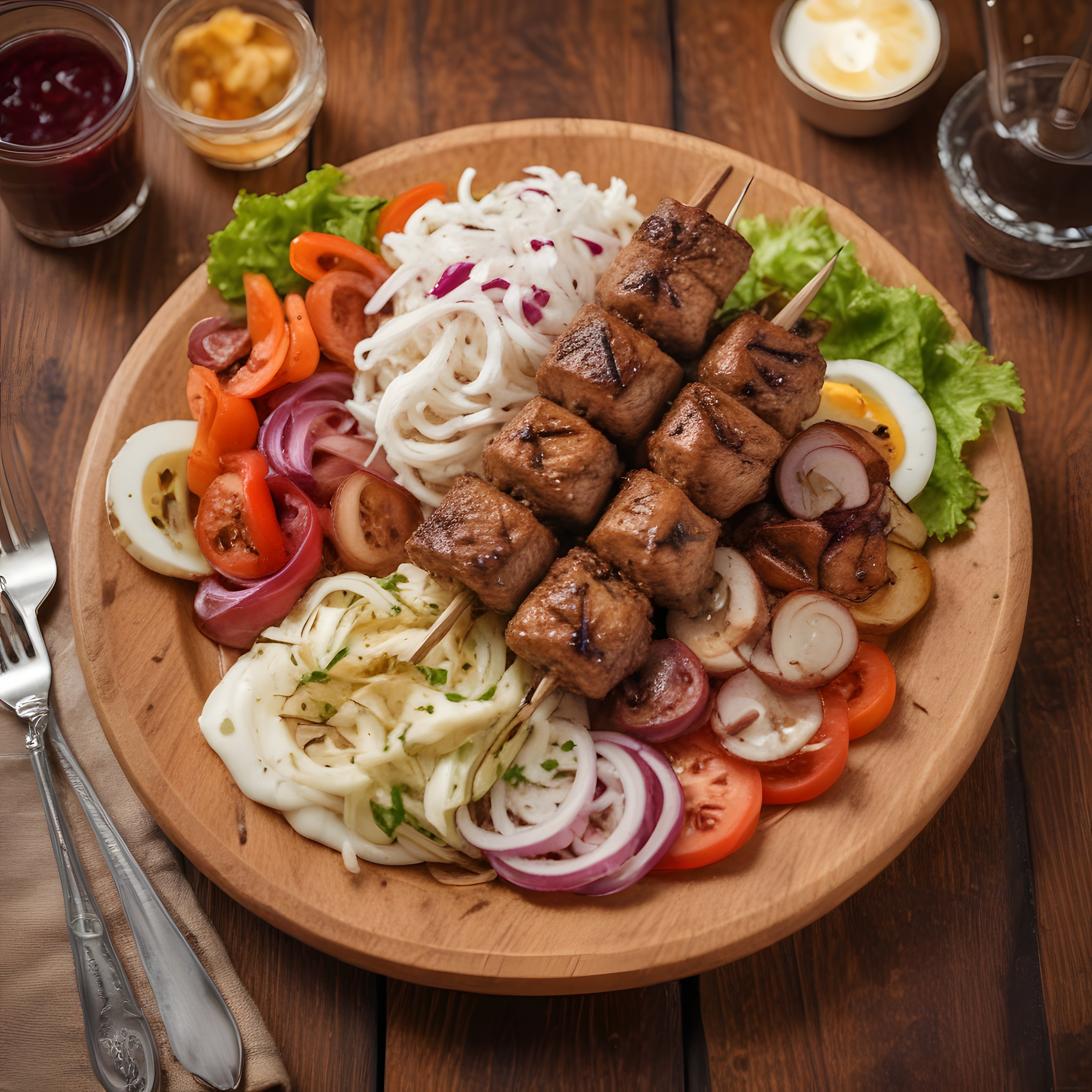 Izgarada Mükemmel Pişmiş Şiş Kebap ve Taze Garnitürlerle Şık Ahşap Sunum