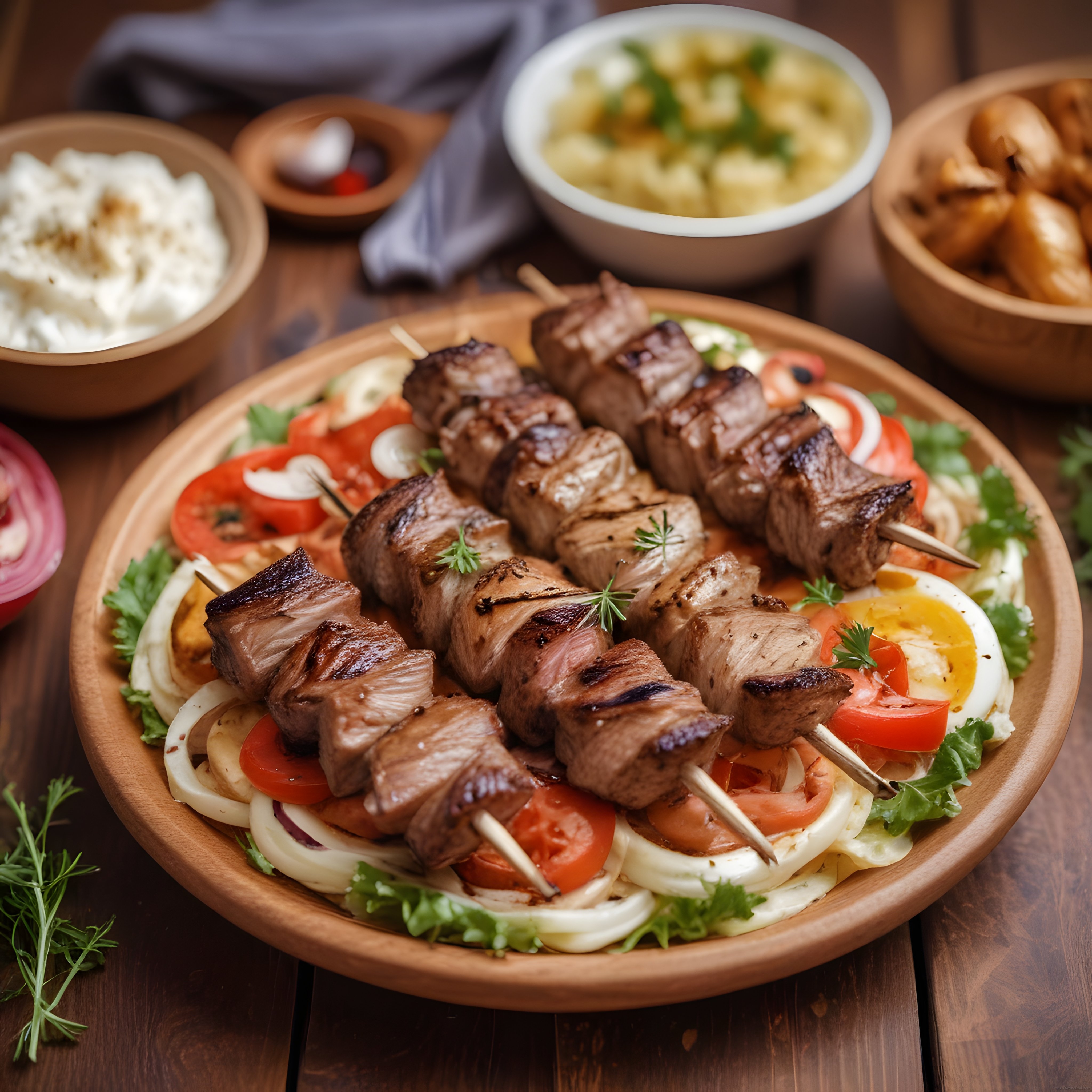 İzgarada Mükemmel Pişmiş Şiş Kebap ve Taze Salata ile Lezzetli Sunum