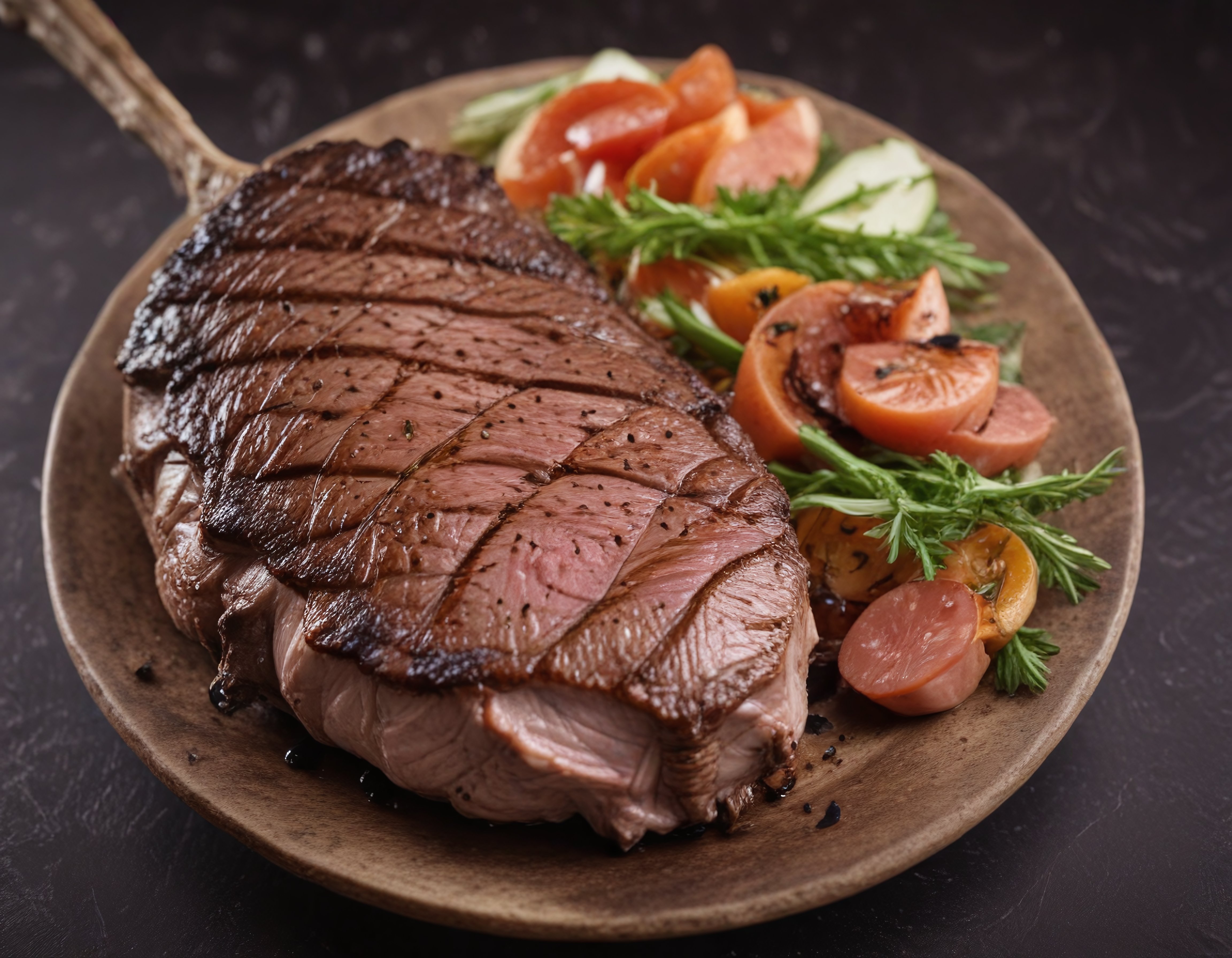 Izgarada Mükemmel Pişmiş Tomahawk Biftek ve Taze Domates Salatası Sunumu