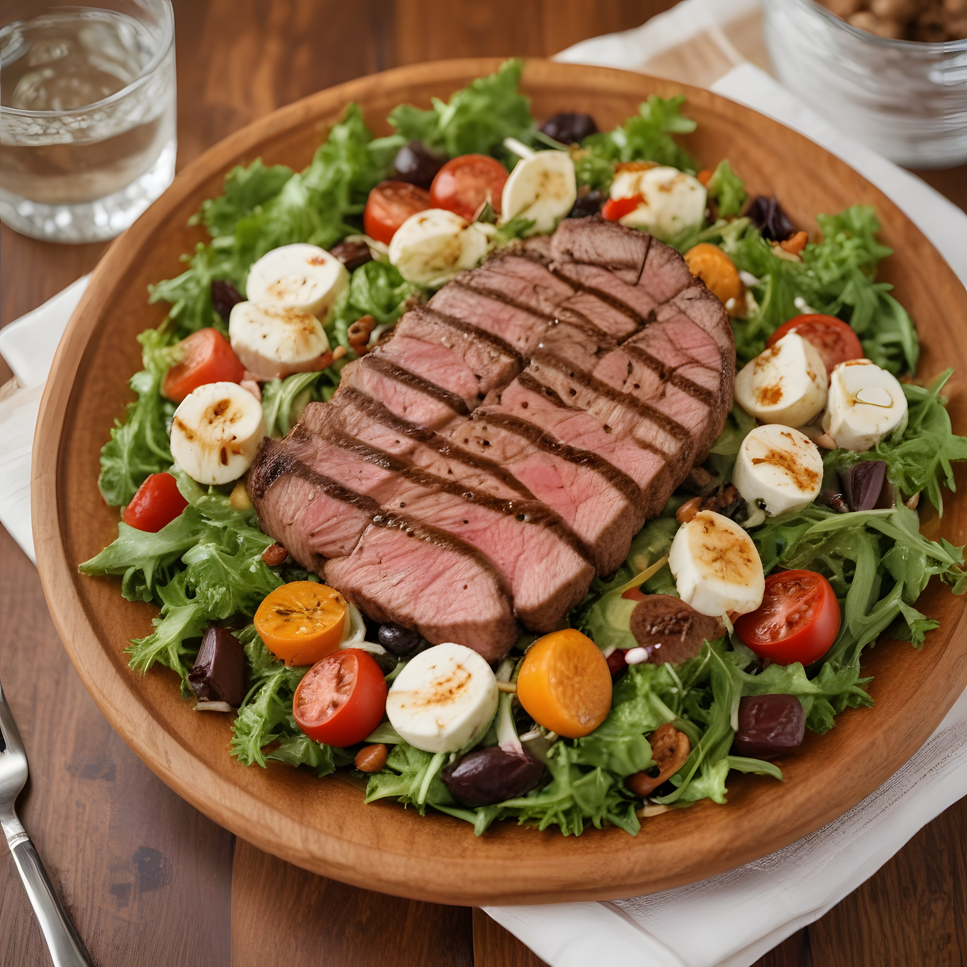 Izgarada Orta Pişmiş Biftek Dilimleri ve Taze Yeşillik Salata Sunumu