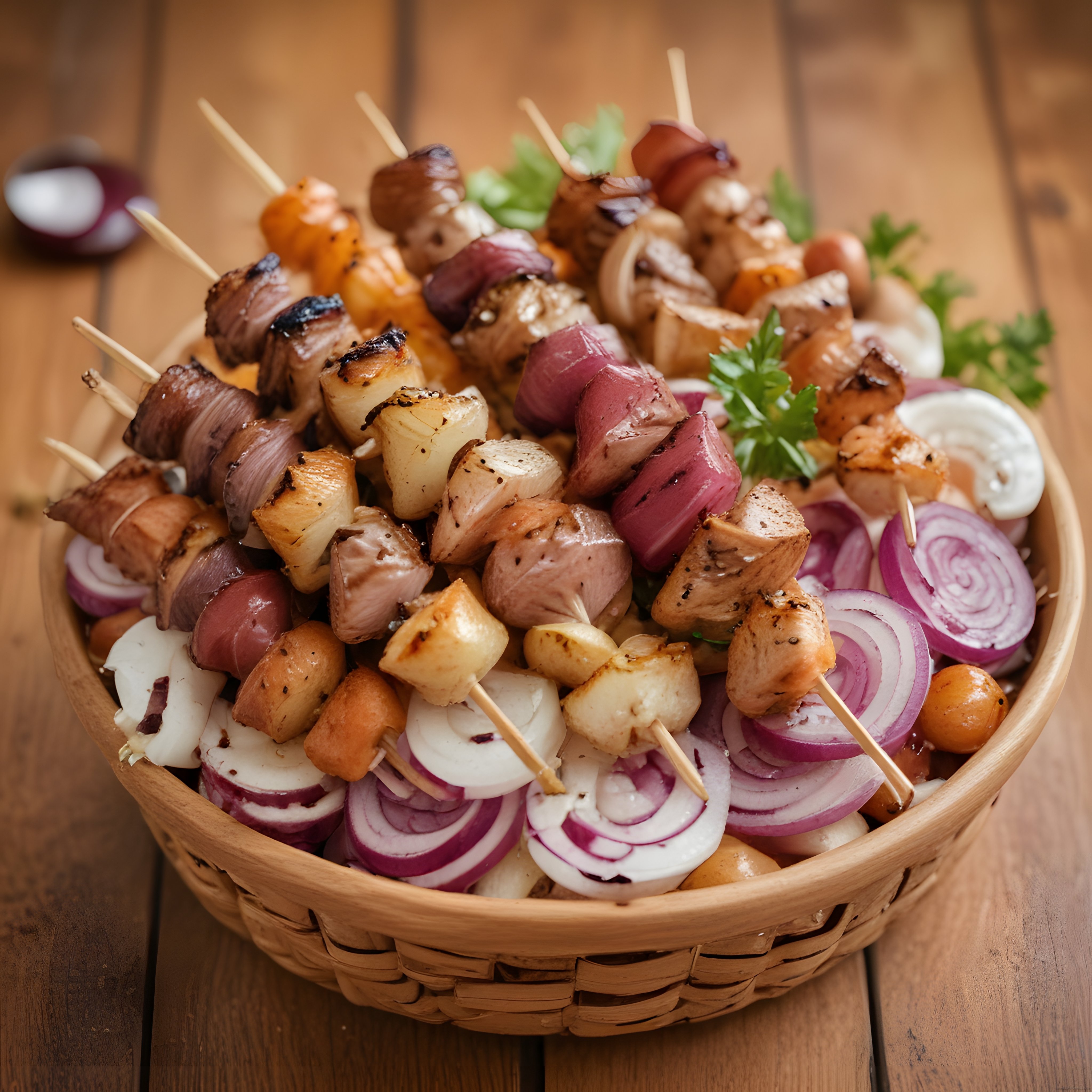 Izgarada Pişmiş Marine Tavuk, Mantar ve Soğanlı Şiş Kebap Lezzeti