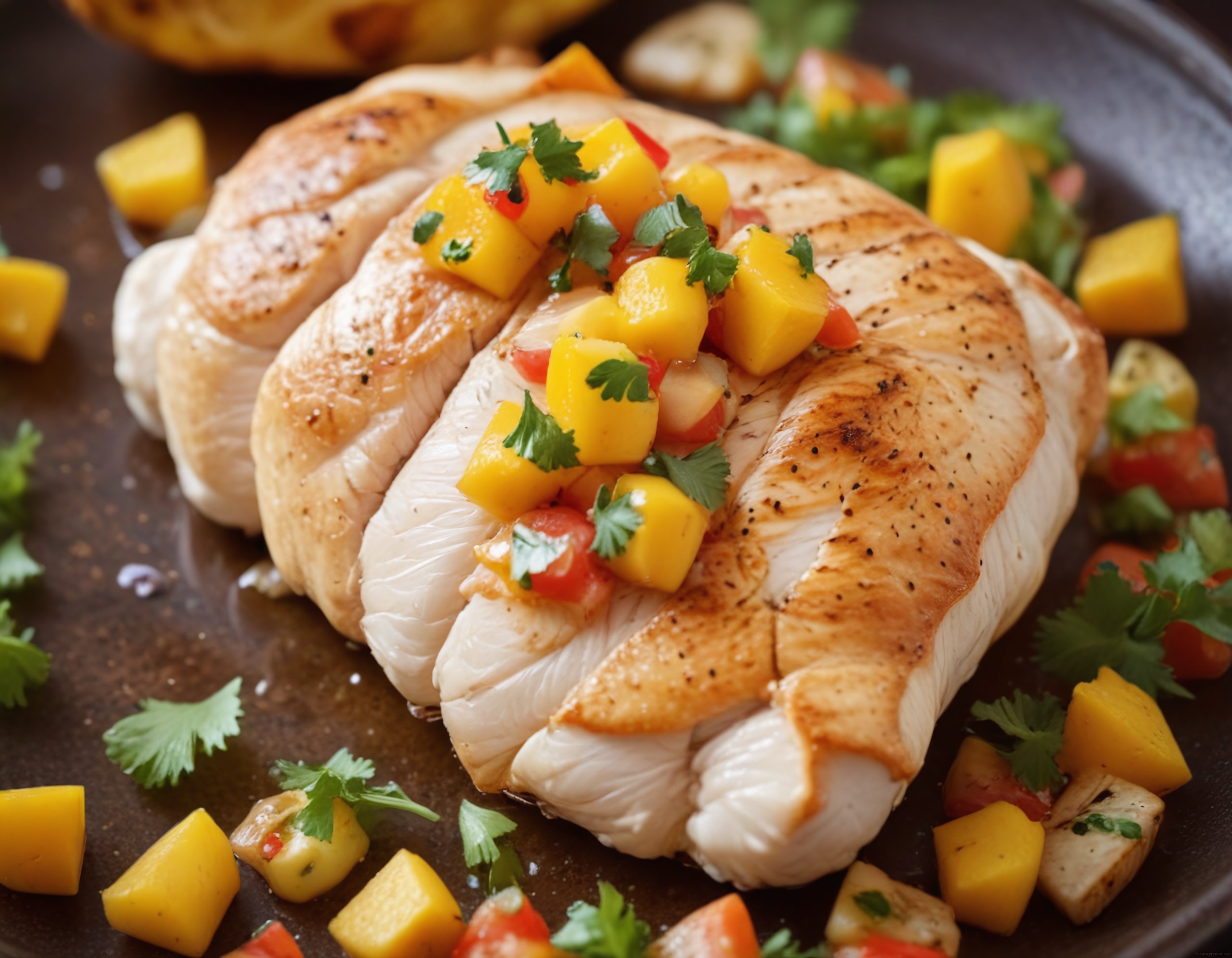 ızgarada tavuk göğsü ve tropikal mango salsa ile kişniş süslemesi