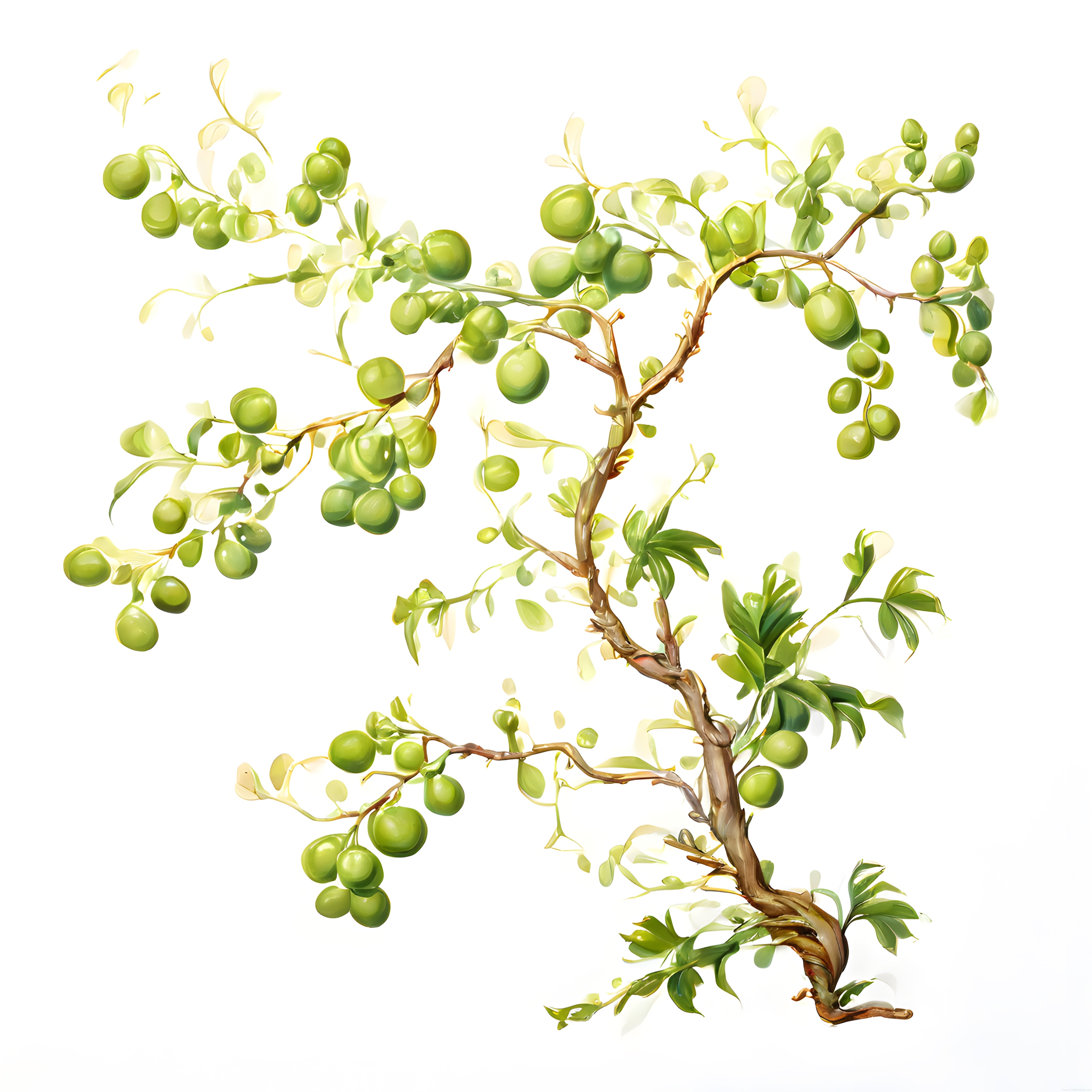 İzole Beyaz Arka Planda Suluboya Tarzı Yeşil Zeytin Dalı ve Yaprakları