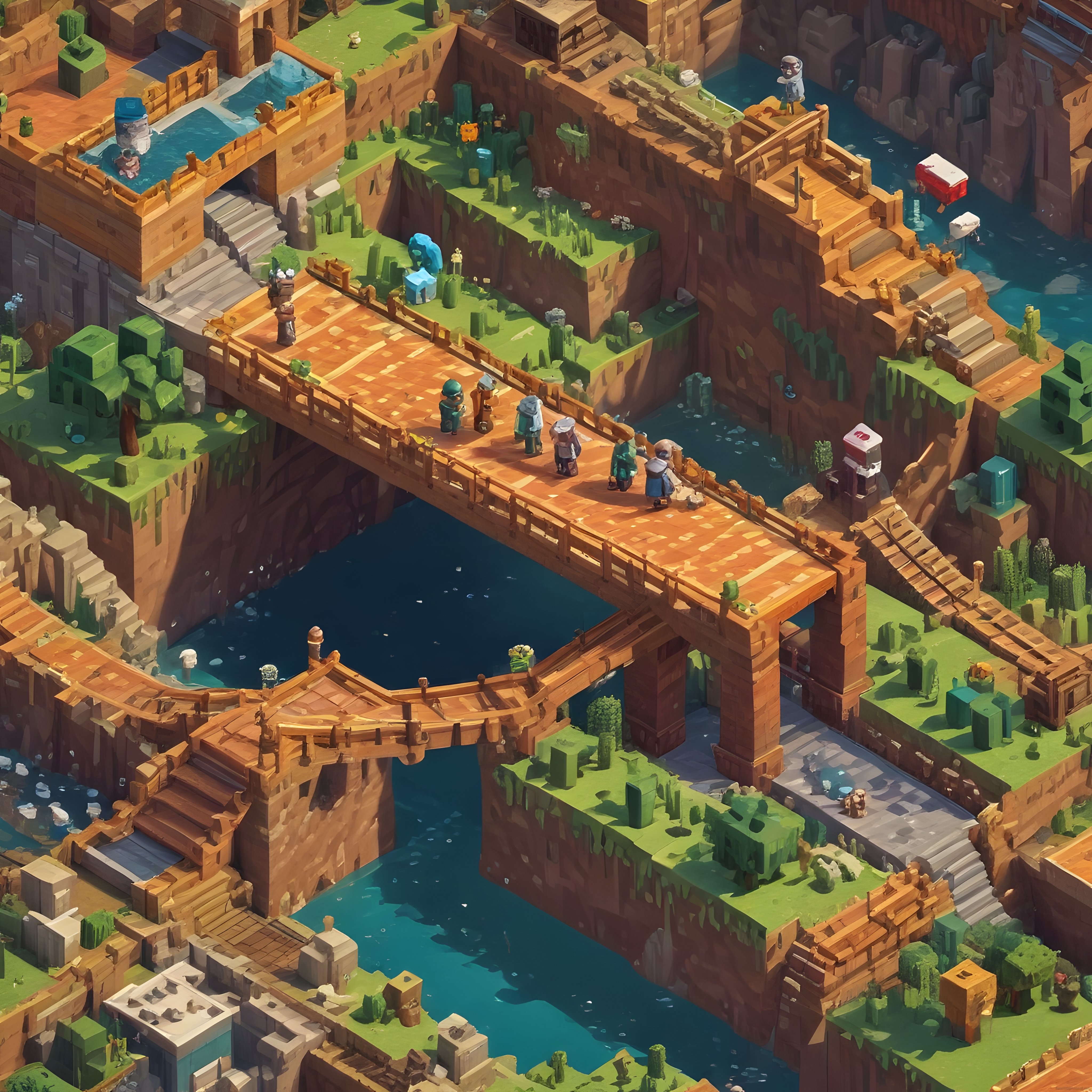 İzometrik Voxel Oyun Dünyasında Tarihi Köprü ve Gizemli Kaşifler Manzarası