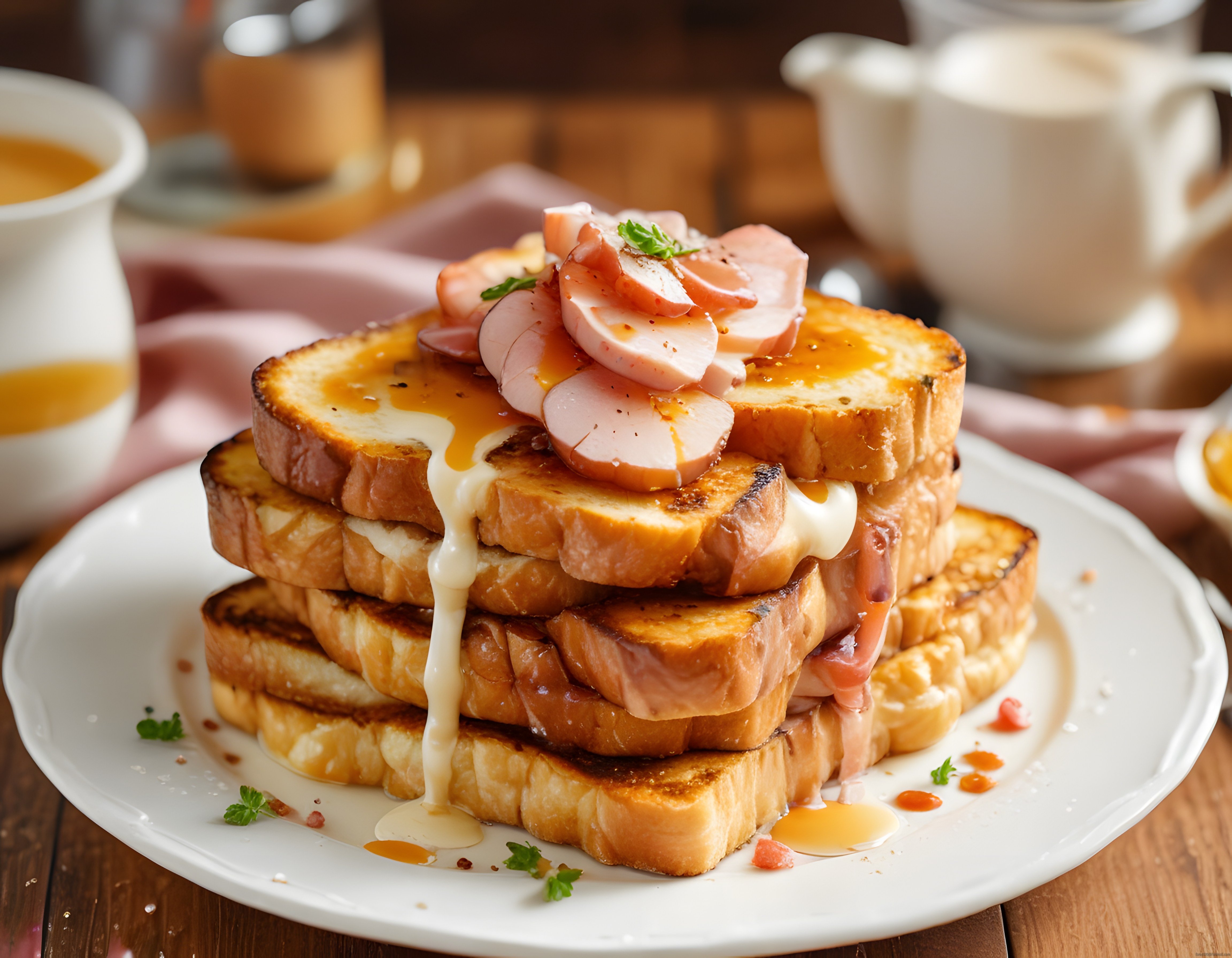 Jambon Dilimleri ve Karamelize Soslu French Toast Kahvaltı Tabağı
