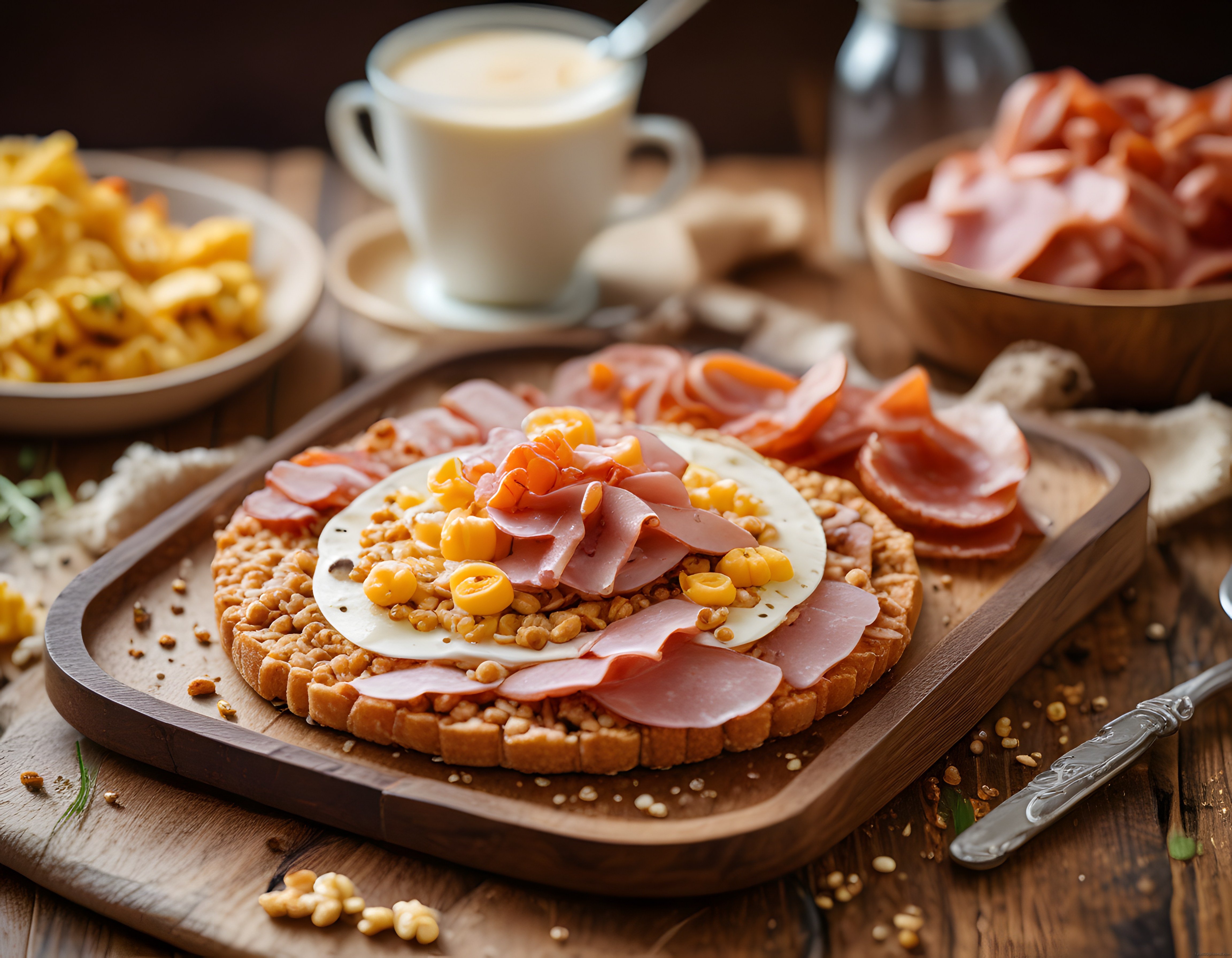 Jambonlu peynirli rustik tost ve kahve ile zengin kahvaltı sunumu