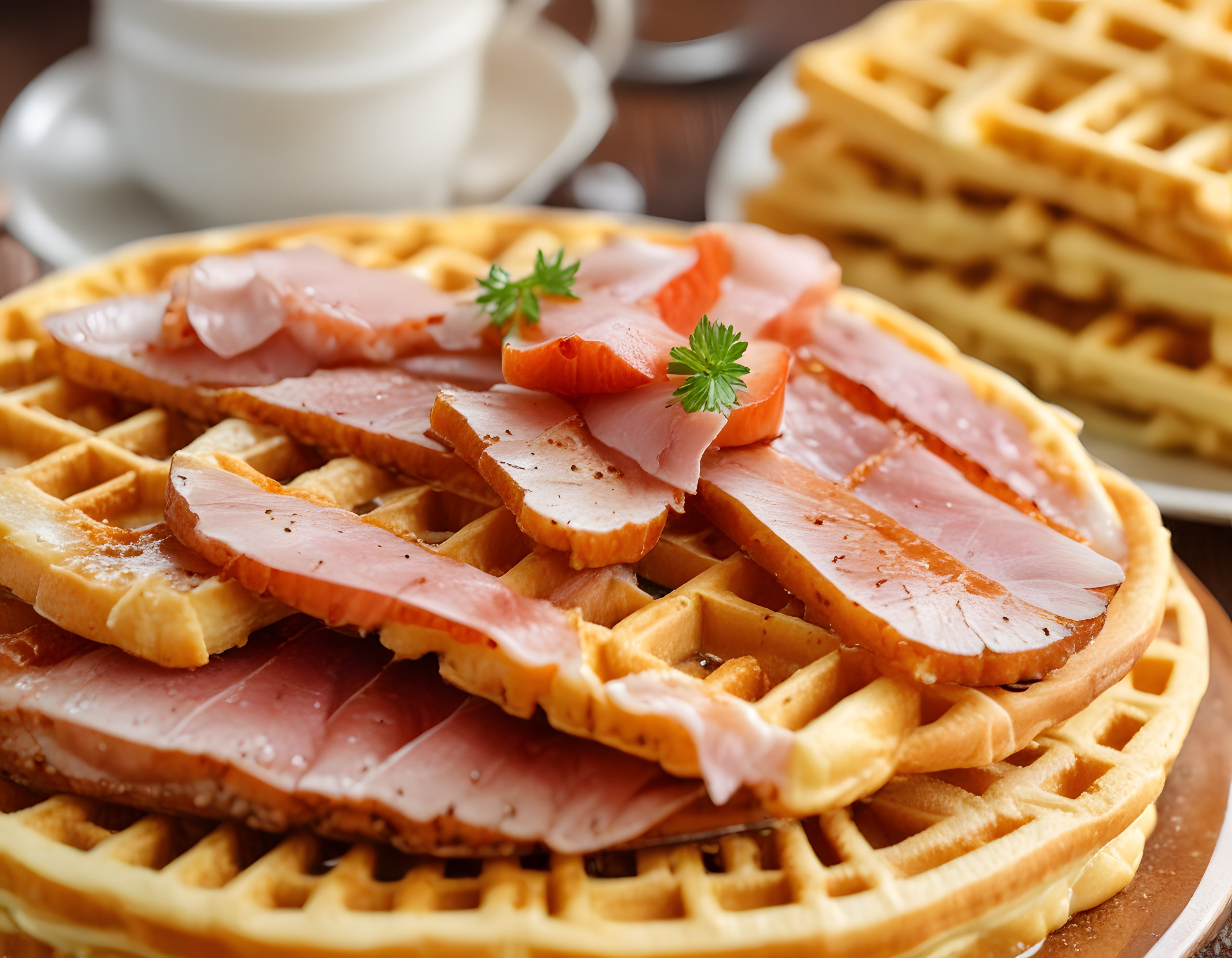 jambonlu waffle kahvaltı tabağı taze demlenmiş kahve ve sıcak sunum